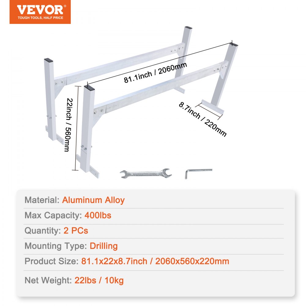 VEVOR Van Roof Ladder Rack, 2 Bars Aluminum Alloy Roof Ladder Racks, 181 kg Capacity Rain-Gutter Van Roof Rack, Adjustable Length 1300-2060 mm, Van Ladder Rack for Van, Cargo, Trailer