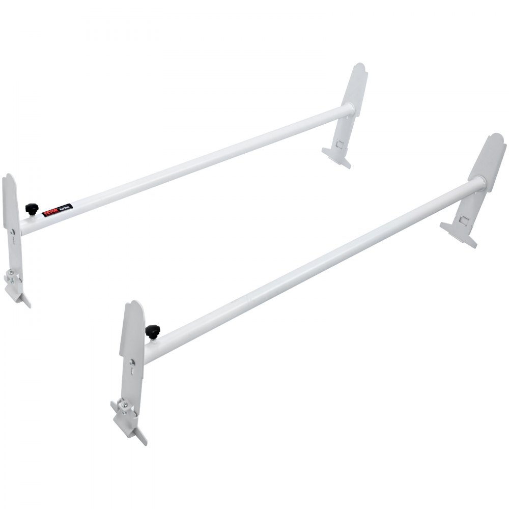 white VEVOR van roof ladder rack with adjustable mounting brackets.