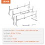 VEVOR van ladder rack with wrench and hex key, dimensions, weight, and accessories listed.