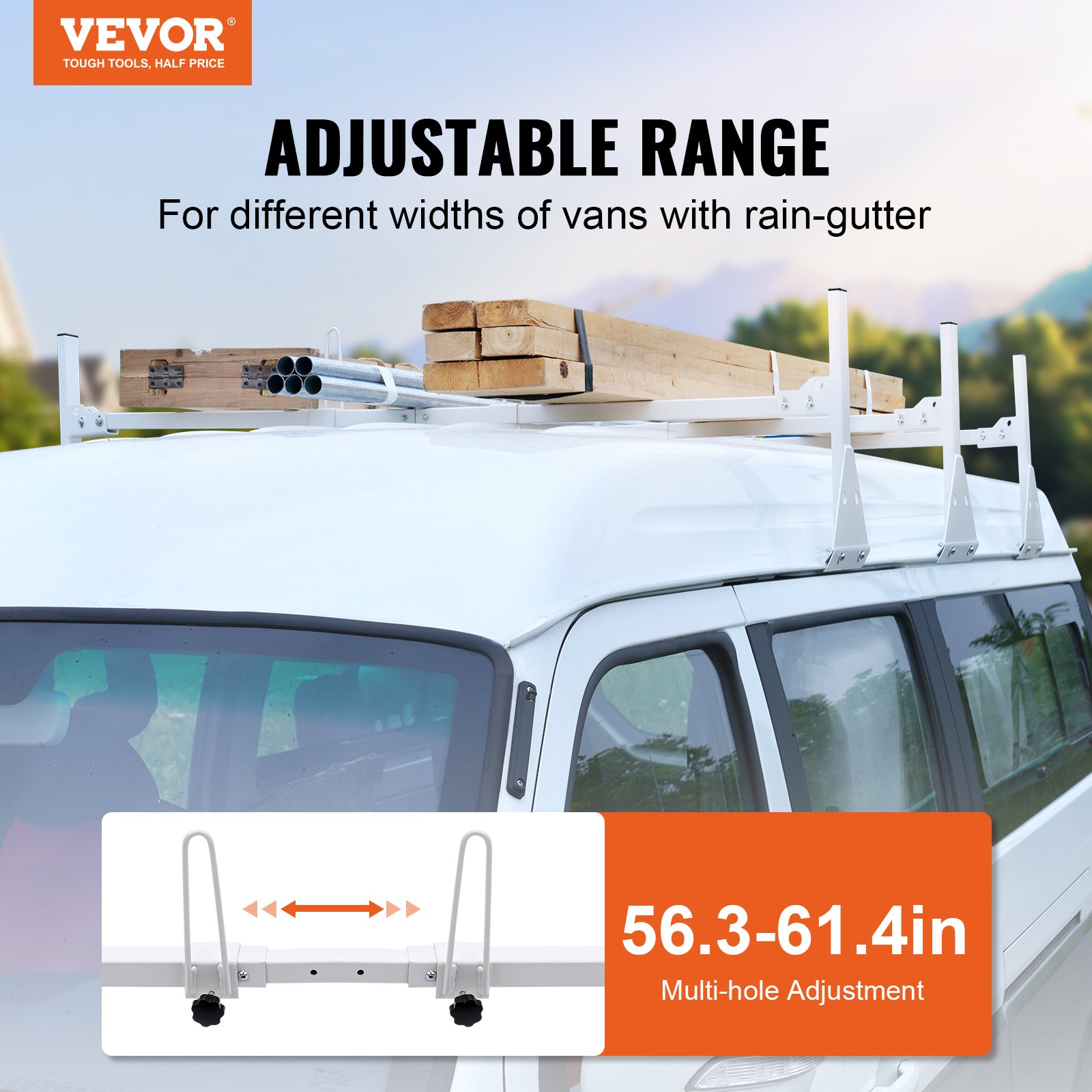 VEVOR van ladder rack installed on a white van carrying wooden planks and metal pipes, adjustable range 56.3-61.4in.