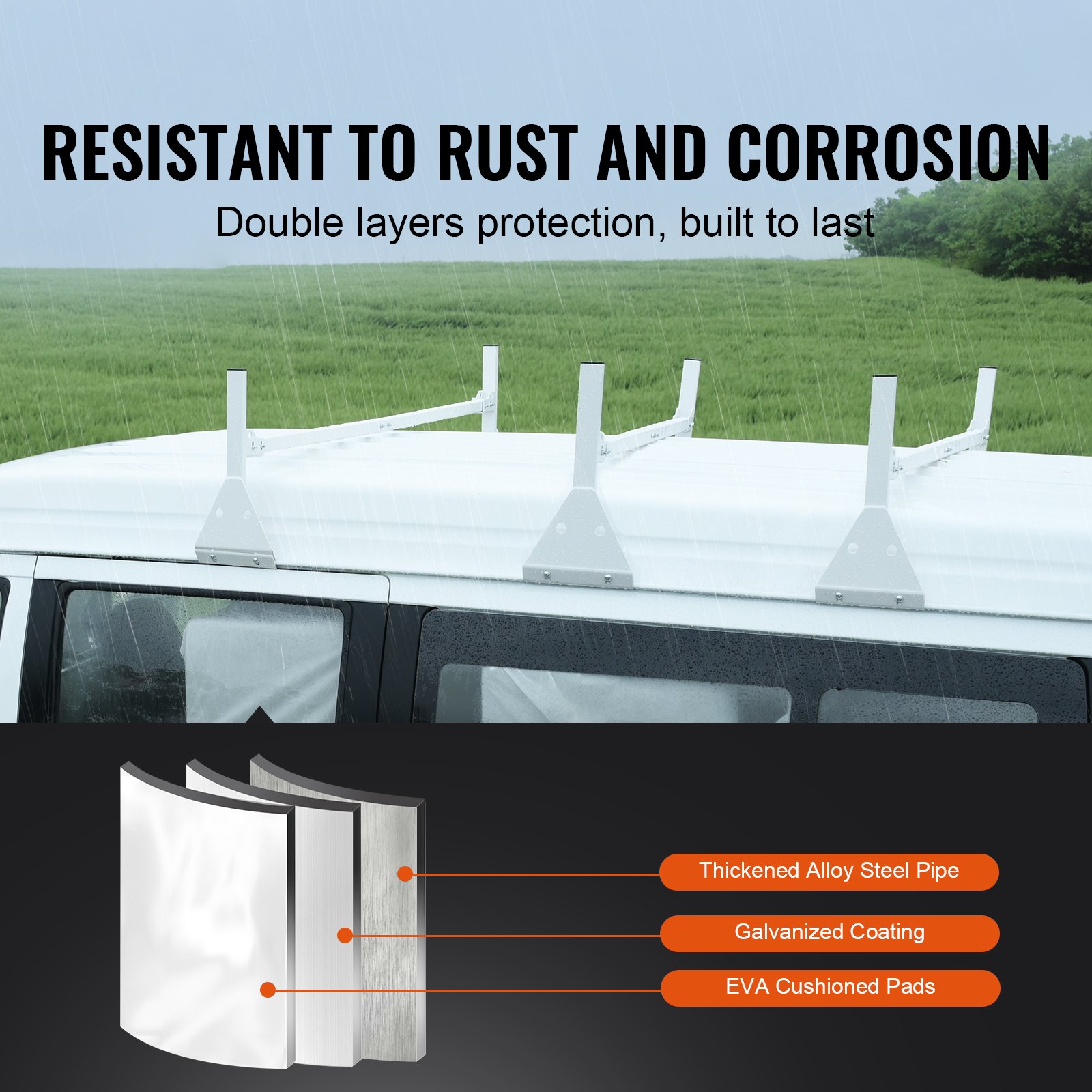 VEVOR van ladder rack on a white van, rain-laden field background, showcasing rust-resistant build.