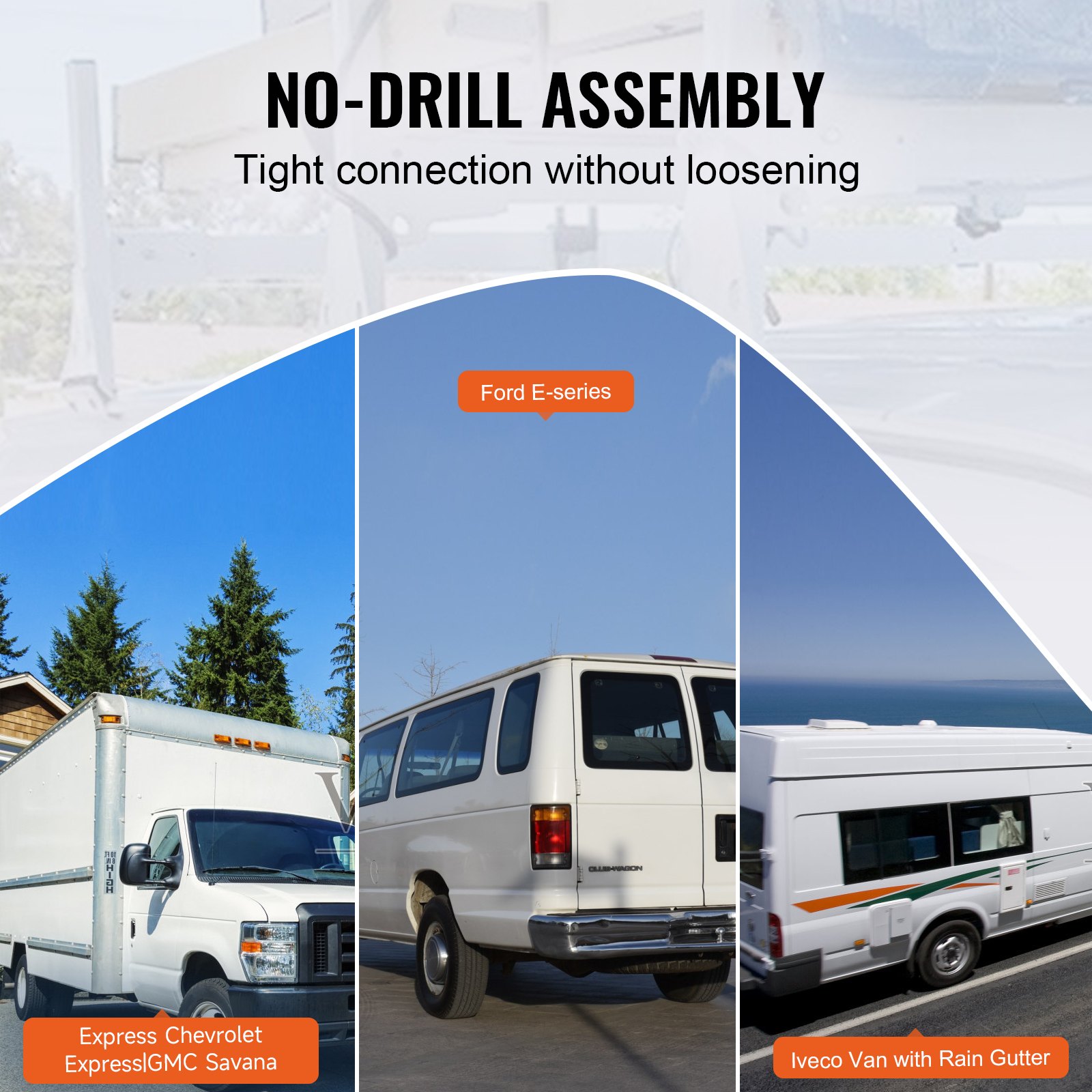 no-drill VEVOR van ladder rack compatible with express chevrolet, ford e-series, and iveco van.