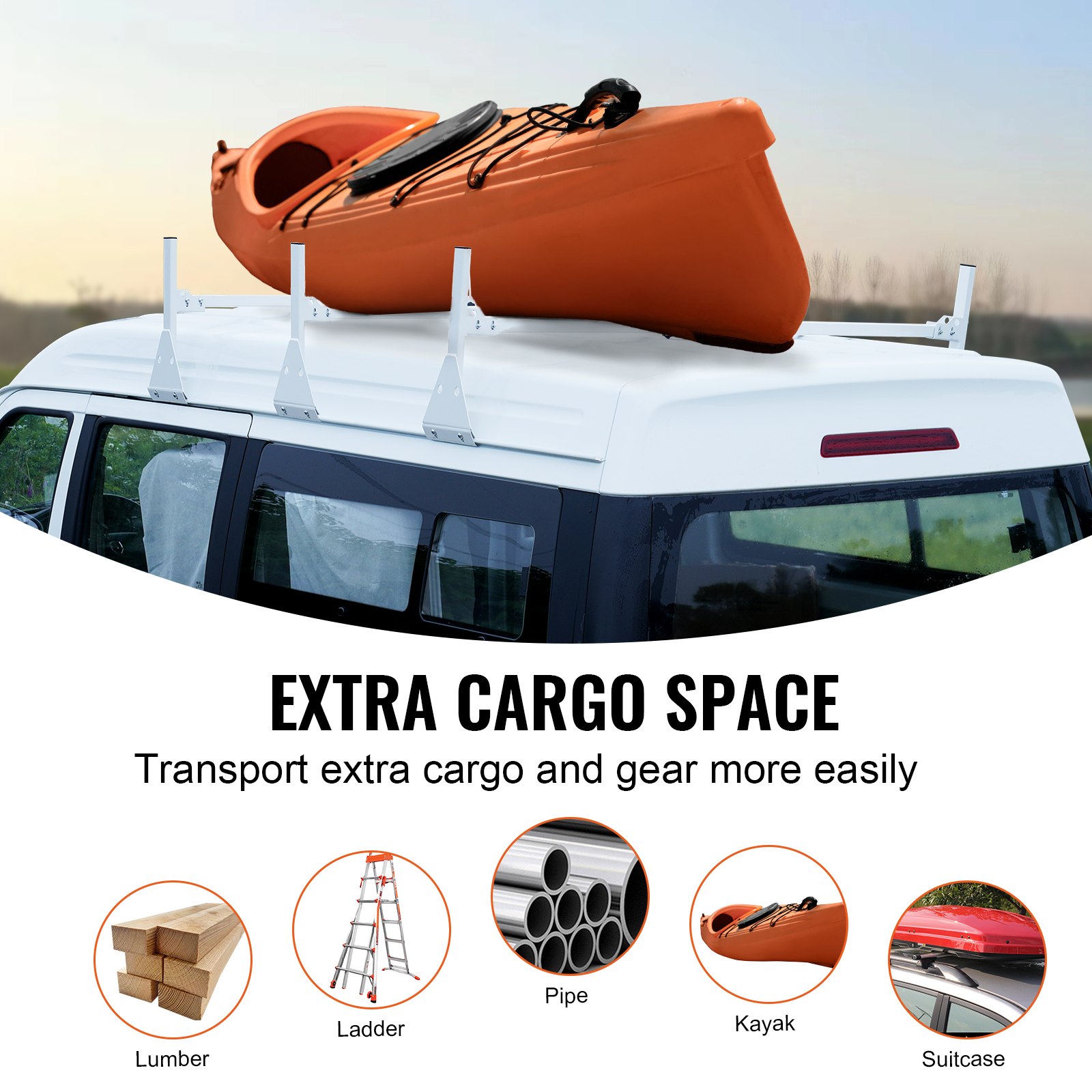 VEVOR van ladder rack carrying an orange kayak, with additional items including lumber, ladder, pipe, suitcase.