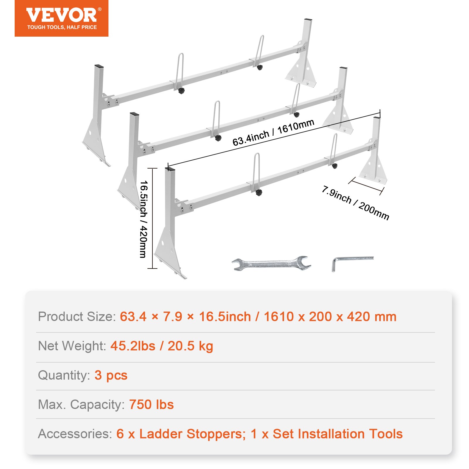 VEVOR van ladder rack with wrench and hex key, dimensions, weight, and accessories listed.