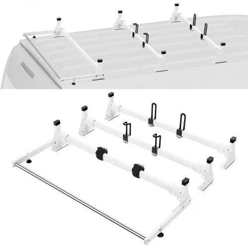 VEVOR Trailer Ladder Rack, 54" 3 Crossbars Ladder Roof Rack, Heavy-duty Steel Van Roof Rack, 800 lbs Capacity Van Ladder Rack with Cargo Roller and Straps, Fit for Ford Transit 150 250 350, 2015-2022