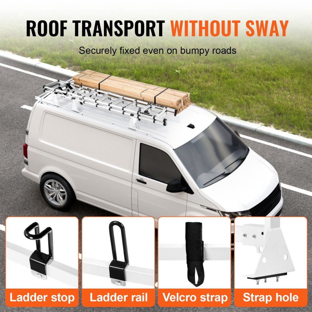 VEVOR Trailer Ladder Rack, 54" 3 Crossbars Ladder Roof Rack, Heavy-duty Steel Van Roof Rack, 800 lbs Capacity Van Ladder Rack with Cargo Roller and Straps, Fit for Ford Transit 150 250 350, 2015-2022