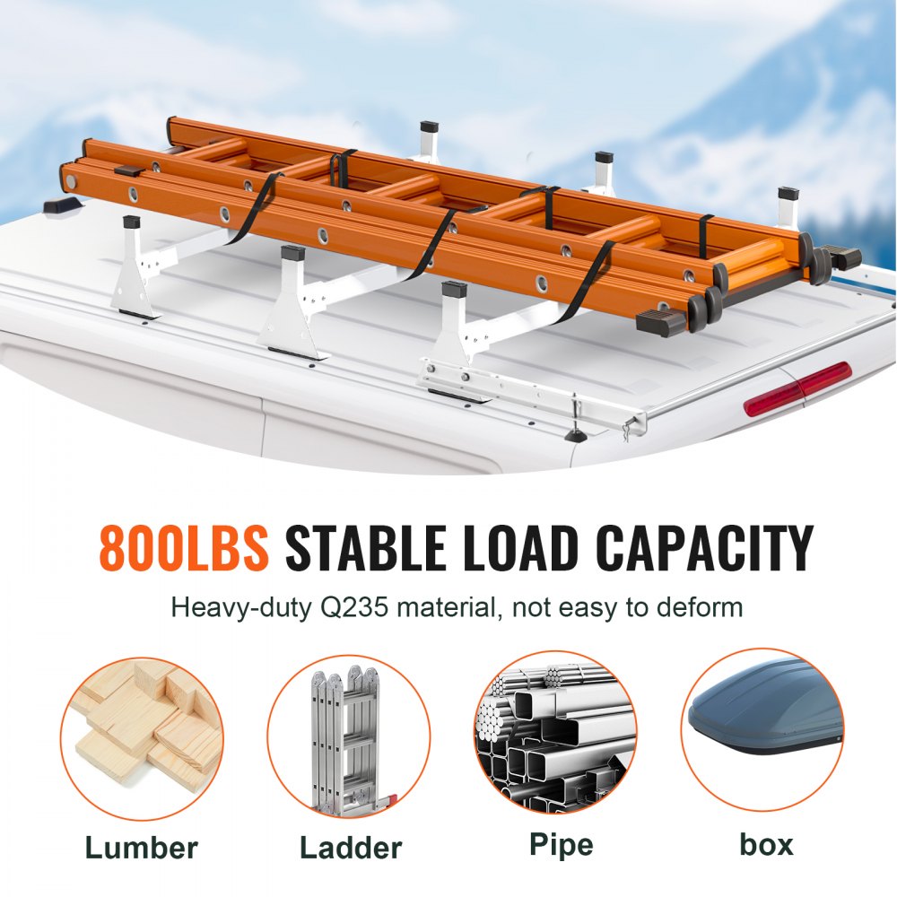 VEVOR Trailer Ladder Rack, 54" 3 Crossbars Ladder Roof Rack, Heavy-duty Steel Van Roof Rack, 800 lbs Capacity Van Ladder Rack with Cargo Roller and Straps, Fit for Ford Transit 150 250 350, 2015-2022
