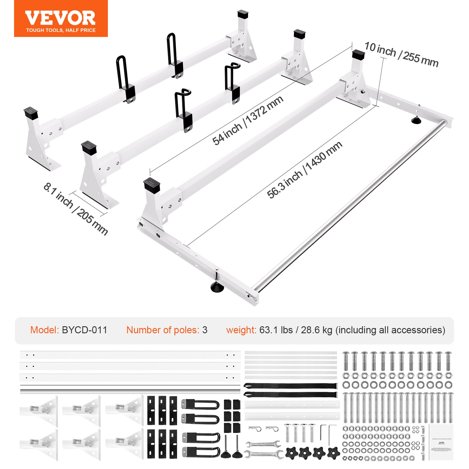 VEVOR Trailer Ladder Rack, 54" 3 Crossbars Ladder Roof Rack, Heavy-duty Steel Van Roof Rack, 800 lbs Capacity Van Ladder Rack with Cargo Roller and Straps, Fit for Ford Transit 150 250 350, 2015-2022