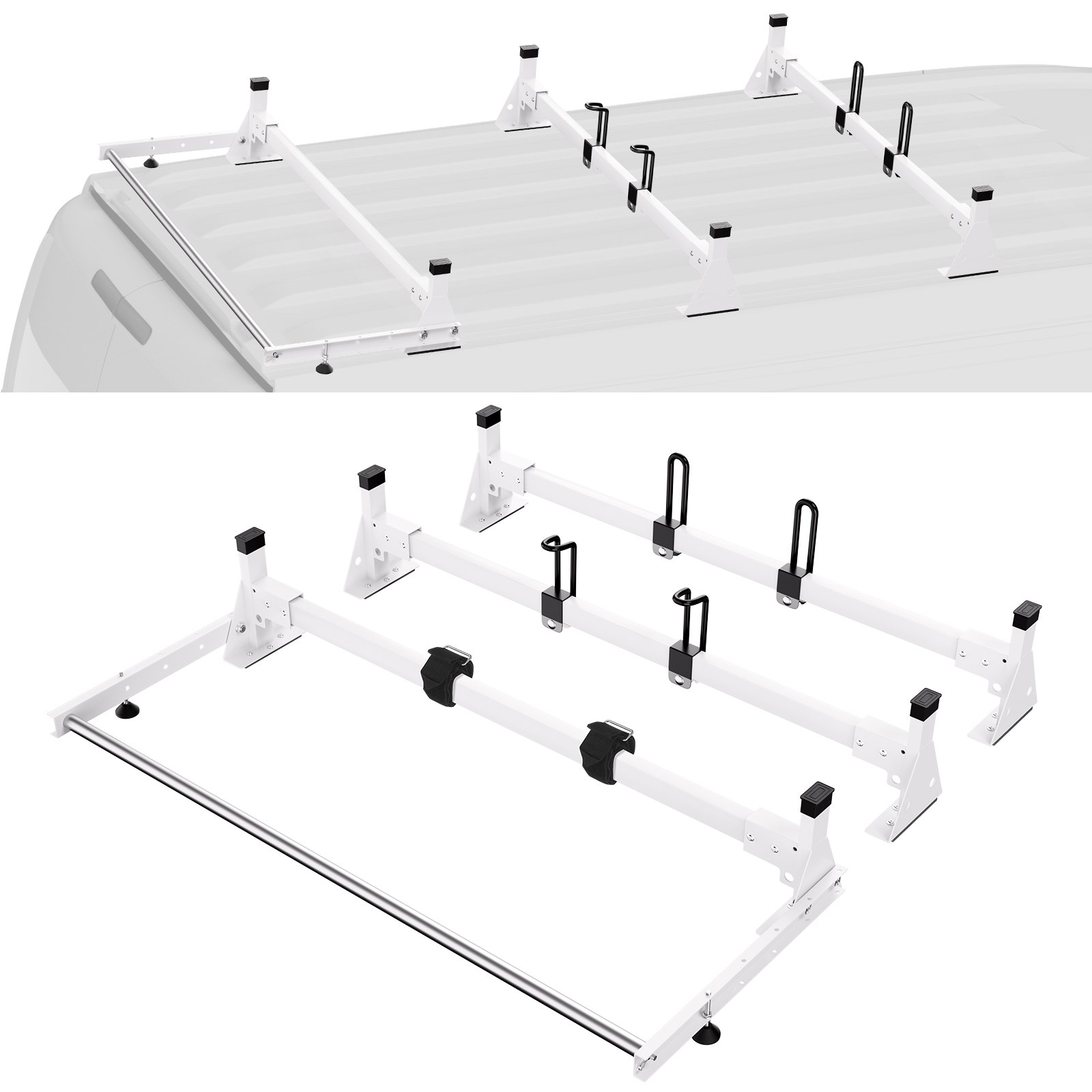 VEVOR Trailer Ladder Rack, 54" 3 Crossbars Ladder Roof Rack, Heavy-duty Steel Van Roof Rack, 800 lbs Capacity Van Ladder Rack with Cargo Roller and Straps, Fit for Ford Transit 150 250 350, 2015-2022