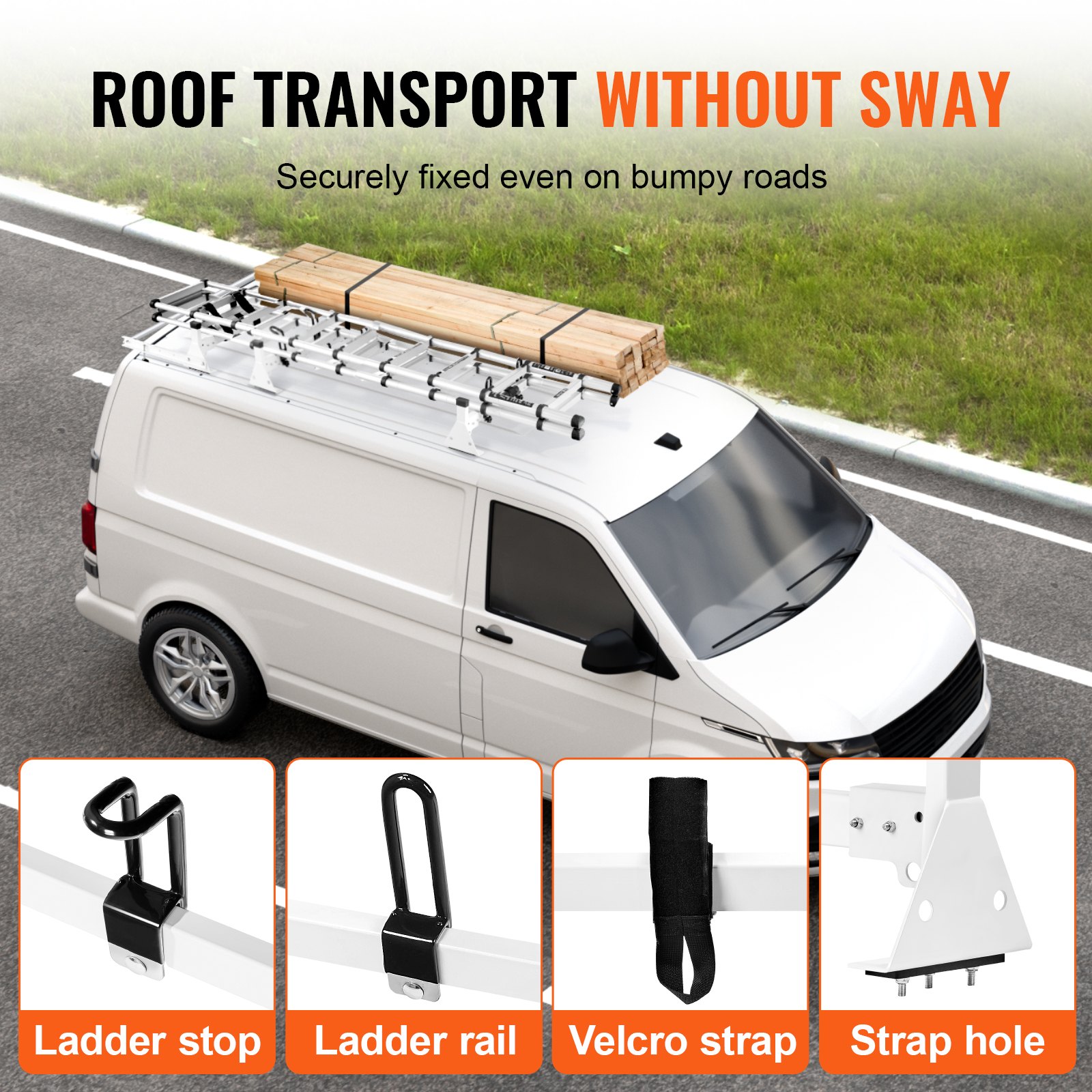 VEVOR Trailer Ladder Rack, 54" 3 Crossbars Ladder Roof Rack, Heavy-duty Steel Van Roof Rack, 800 lbs Capacity Van Ladder Rack with Cargo Roller and Straps, Fit for Ford Transit 150 250 350, 2015-2022