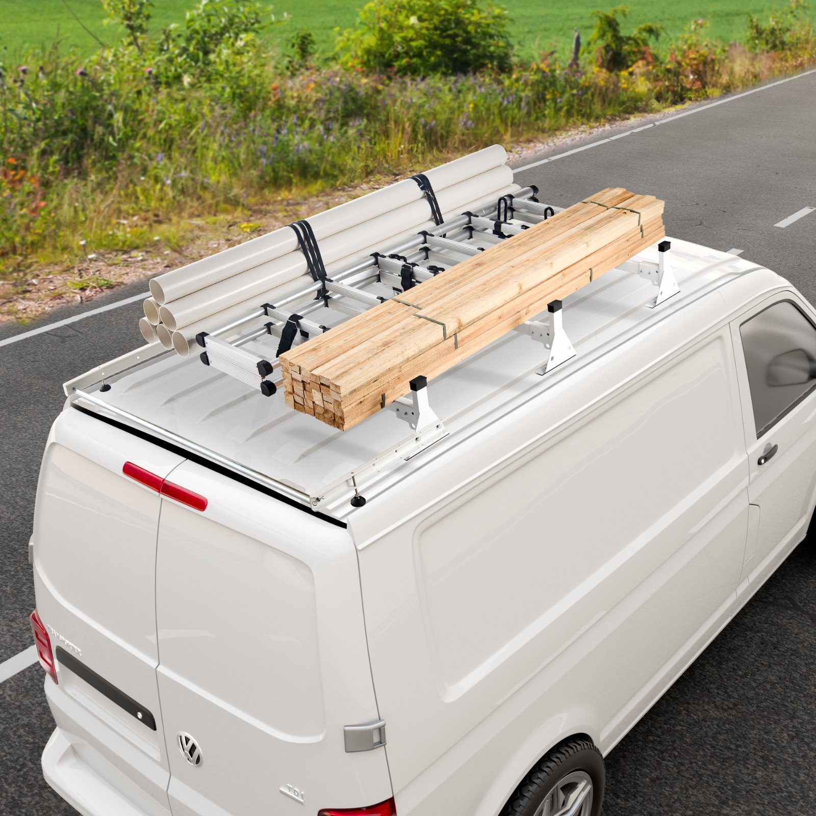 VEVOR Trailer Ladder Rack, 54" 3 Crossbars Ladder Roof Rack, Heavy-duty Steel Van Roof Rack, 800 lbs Capacity Van Ladder Rack with Cargo Roller and Straps, Fit for Ford Transit 150 250 350, 2015-2022