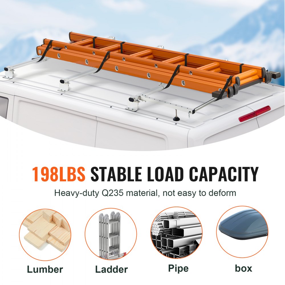 VEVOR Trailer Ladder Rack, 56" 3 Crossbars Ladder Roof Rack, Heavy-duty Steel Van Roof Ladder Rack, 90 kg Capacity Each Bar Van Ladder Rack with Cargo Roller, Fit for Ford Transit Custom 2013-2024