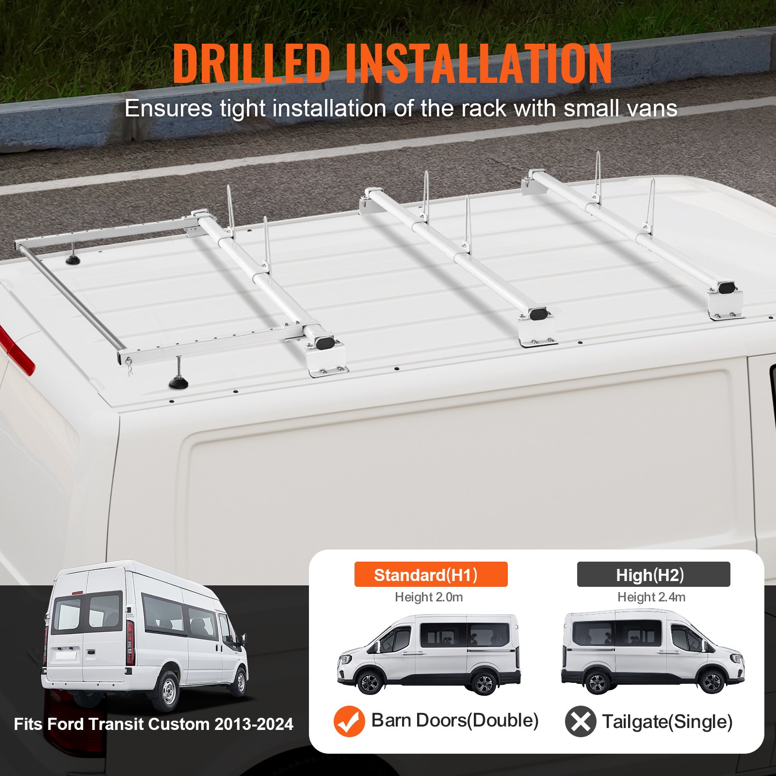 VEVOR Trailer Ladder Rack, 56" 3 Crossbars Ladder Roof Rack, Heavy-duty Steel Van Roof Ladder Rack, 90 kg Capacity Each Bar Van Ladder Rack with Cargo Roller, Fit for Ford Transit Custom 2013-2024