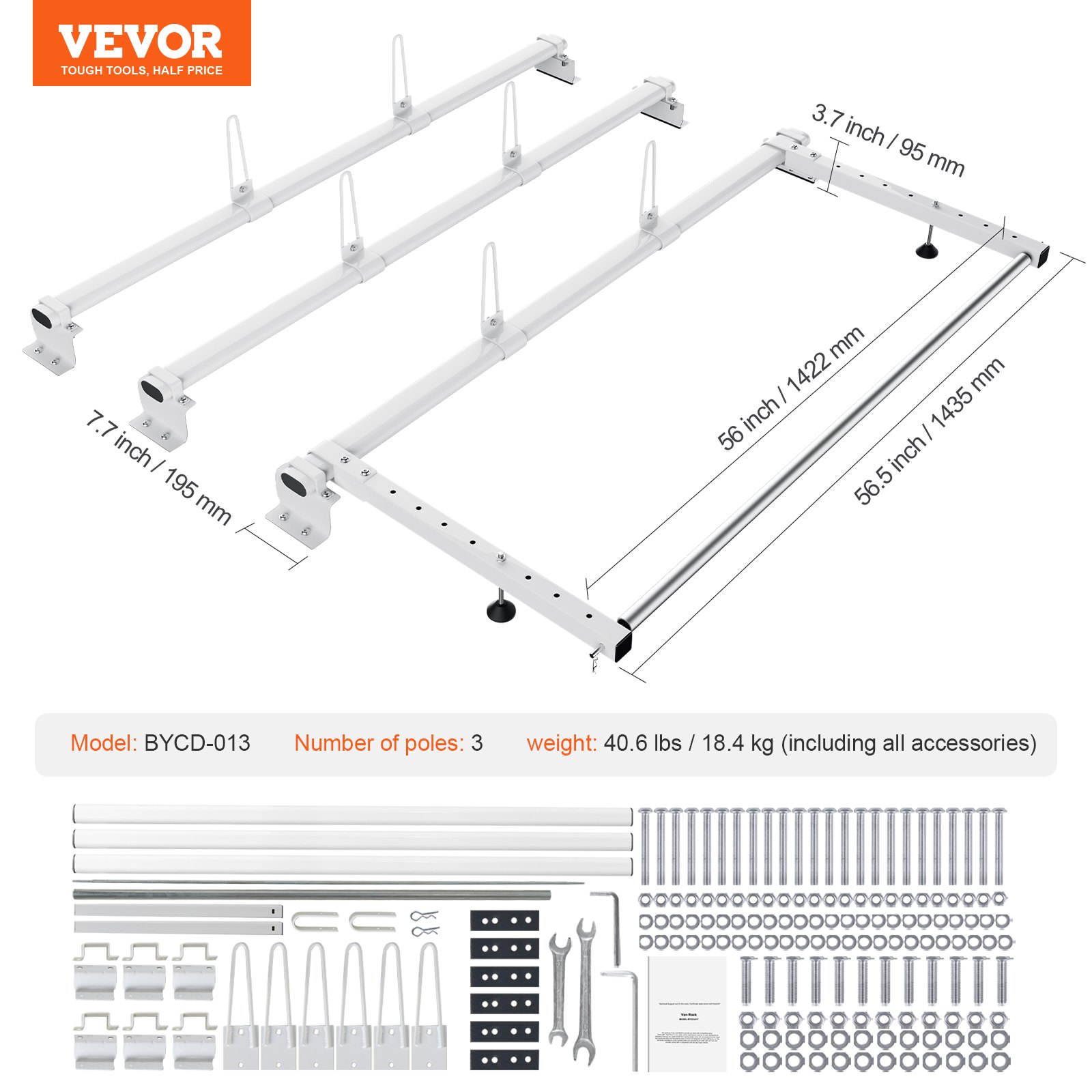 VEVOR Trailer Ladder Rack, 56" 3 Crossbars Ladder Roof Rack, Heavy-duty Steel Van Roof Ladder Rack, 90 kg Capacity Each Bar Van Ladder Rack with Cargo Roller, Fit for Ford Transit Custom 2013-2024
