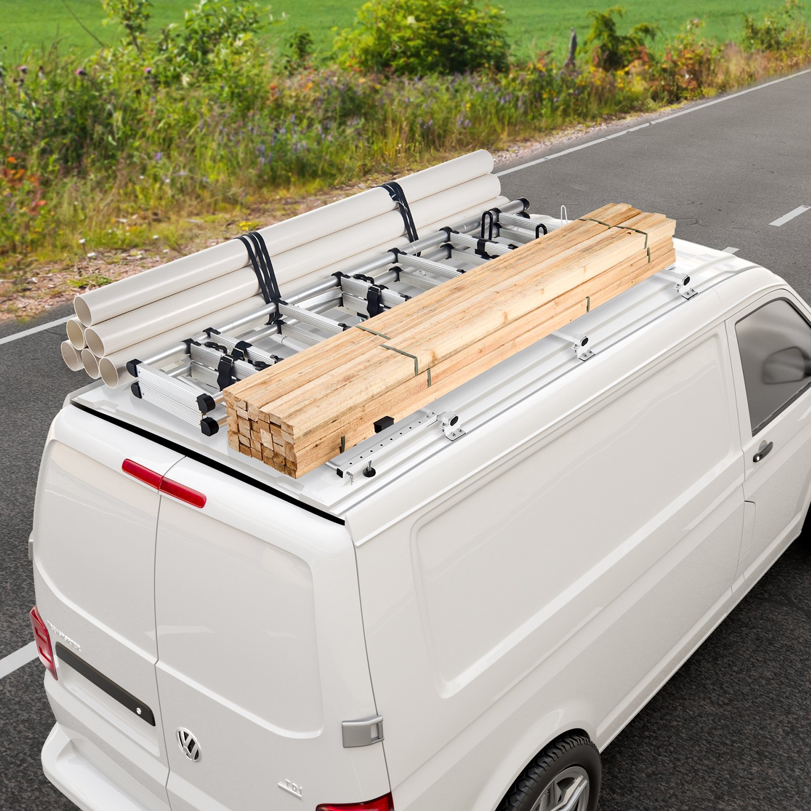 VEVOR Trailer Ladder Rack, 56" 3 Crossbars Ladder Roof Rack, Heavy-duty Steel Van Roof Ladder Rack, 90 kg Capacity Each Bar Van Ladder Rack with Cargo Roller, Fit for Ford Transit Custom 2013-2024