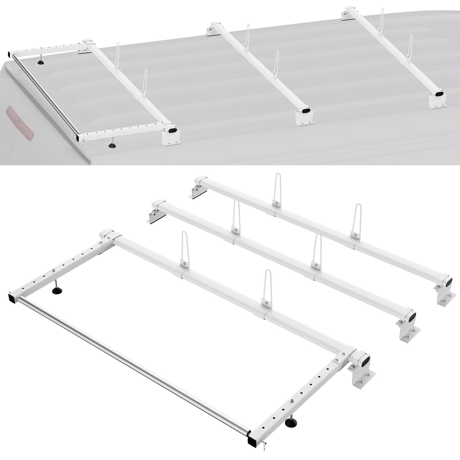 VEVOR Trailer Ladder Rack, 56" 3 Crossbars Ladder Roof Rack, Heavy-duty Steel Van Roof Ladder Rack, 90 kg Capacity Each Bar Van Ladder Rack with Cargo Roller, Fit for Ford Transit Custom 2013-2024