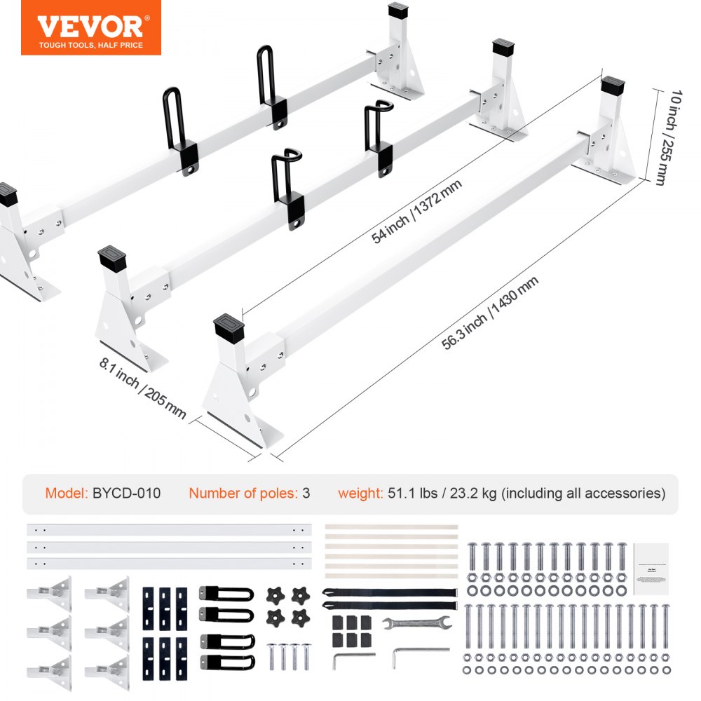 VEVOR Trailer Ladder Rack, 54" 3 Crossbars Ladder Roof Rack, Heavy-duty Steel Van Roof Ladder Rack, 800 lbs Capacity Van Ladder Rack with Straps, Fit for Ford Transit 150, 250, 350, 2015-2022