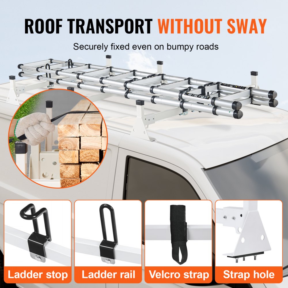 VEVOR Trailer Ladder Rack, 54" 3 Crossbars Ladder Roof Rack, Heavy-duty Steel Van Roof Ladder Rack, 800 lbs Capacity Van Ladder Rack with Straps, Fit for Ford Transit 150, 250, 350, 2015-2022