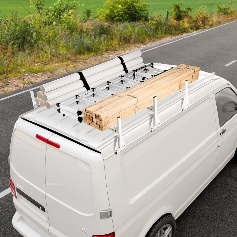 VEVOR Trailer Ladder Rack, 54" 3 Crossbars Ladder Roof Rack, Heavy-duty Steel Van Roof Ladder Rack, 800 lbs Capacity Van Ladder Rack with Straps, Fit for Ford Transit 150, 250, 350, 2015-2022