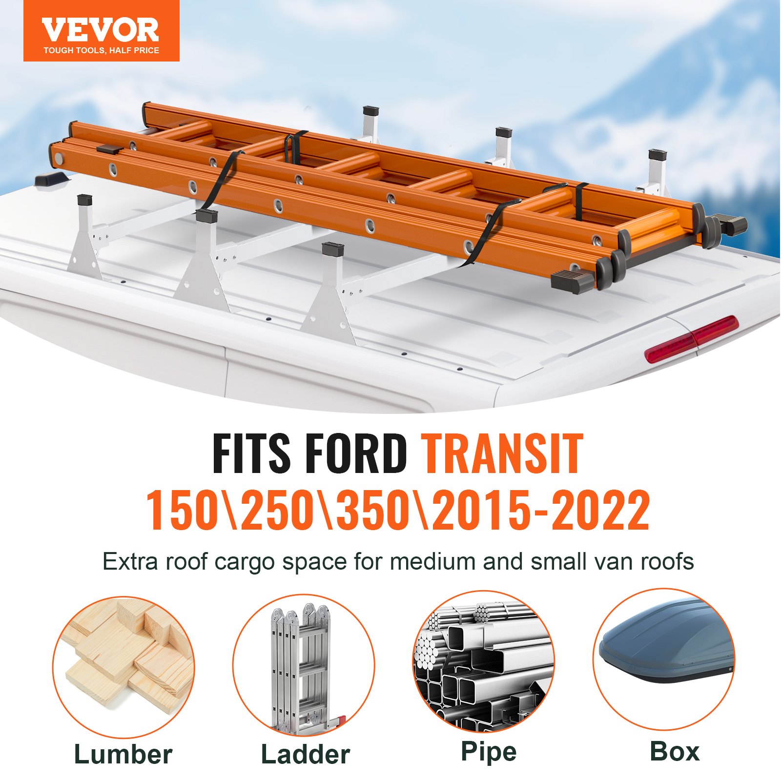 VEVOR Trailer Ladder Rack, 54" 3 Crossbars Ladder Roof Rack, Heavy-duty Steel Van Roof Ladder Rack, 800 lbs Capacity Van Ladder Rack with Straps, Fit for Ford Transit 150, 250, 350, 2015-2022