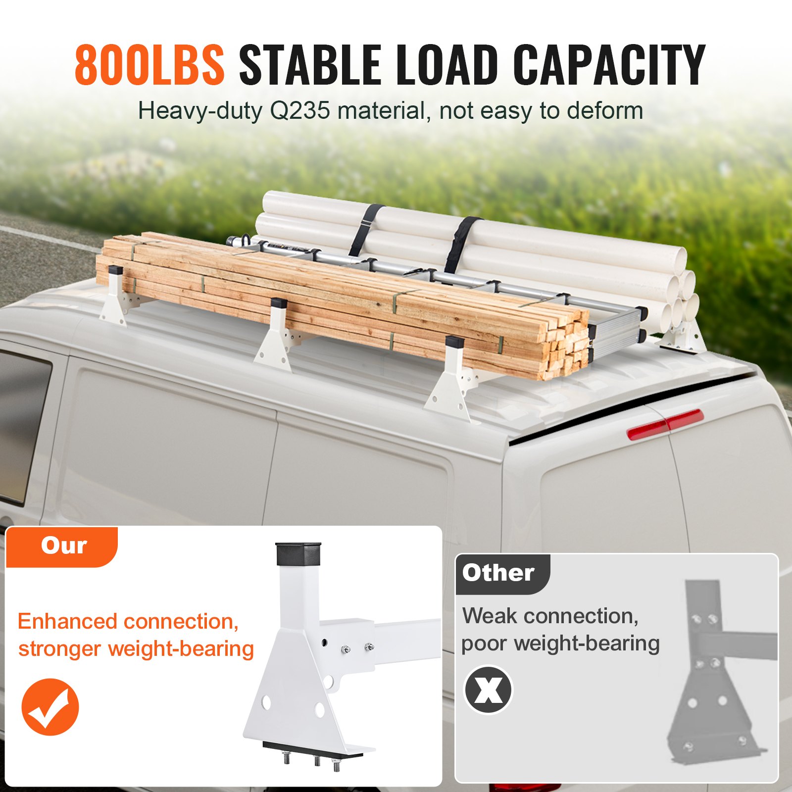 VEVOR Trailer Ladder Rack, 54" 3 Crossbars Ladder Roof Rack, Heavy-duty Steel Van Roof Ladder Rack, 800 lbs Capacity Van Ladder Rack with Straps, Fit for Ford Transit 150, 250, 350, 2015-2022