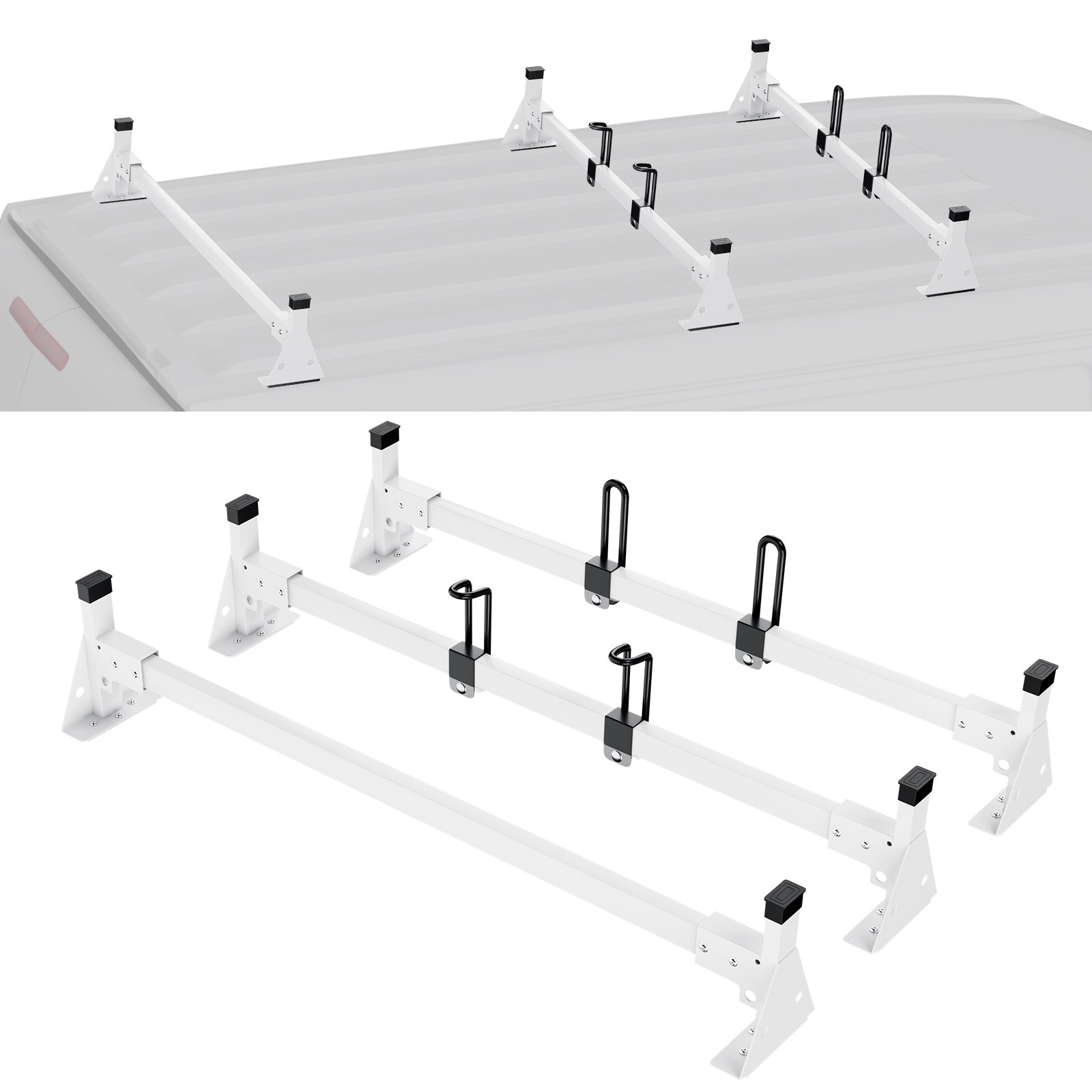 VEVOR Trailer Ladder Rack, 54" 3 Crossbars Ladder Roof Rack, Heavy-duty Steel Van Roof Ladder Rack, 800 lbs Capacity Van Ladder Rack with Straps, Fit for Ford Transit 150, 250, 350, 2015-2022