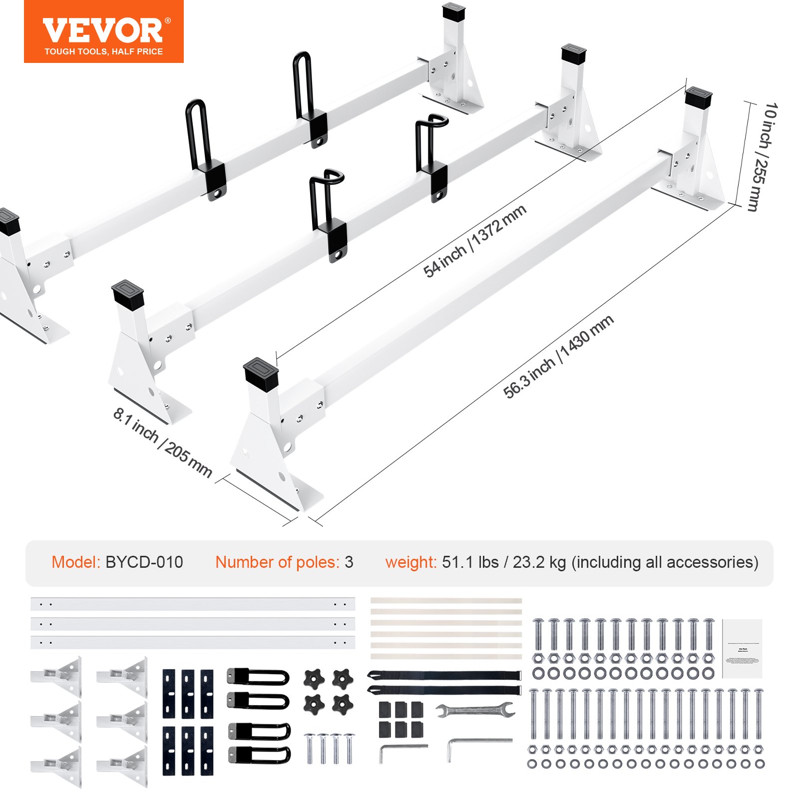 VEVOR Trailer Ladder Rack, 54" 3 Crossbars Ladder Roof Rack, Heavy-duty Steel Van Roof Ladder Rack, 800 lbs Capacity Van Ladder Rack with Straps, Fit for Ford Transit 150, 250, 350, 2015-2022