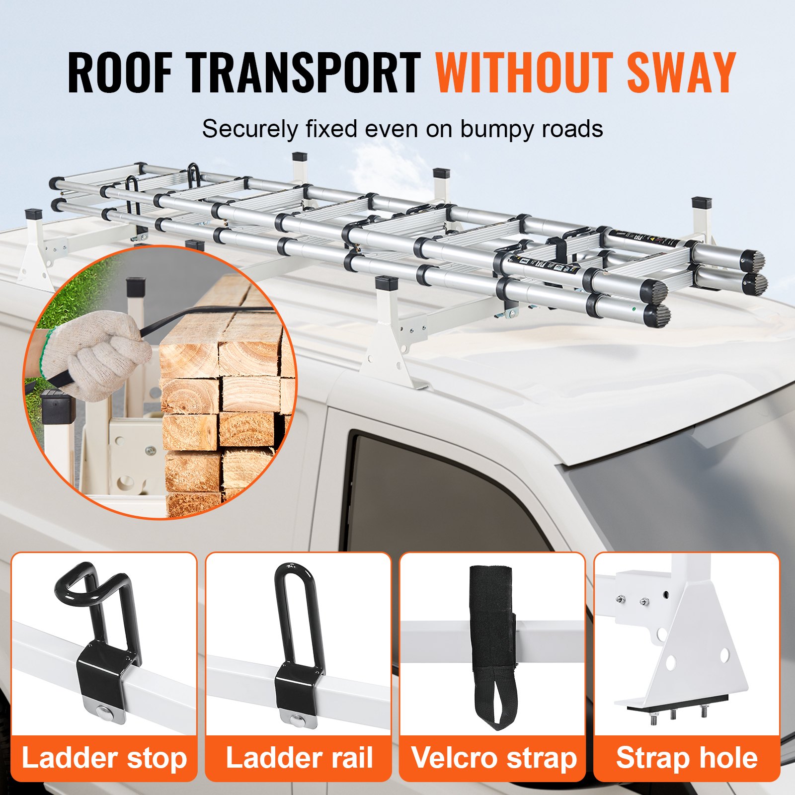 VEVOR Trailer Ladder Rack, 54" 3 Crossbars Ladder Roof Rack, Heavy-duty Steel Van Roof Ladder Rack, 800 lbs Capacity Van Ladder Rack with Straps, Fit for Ford Transit 150, 250, 350, 2015-2022