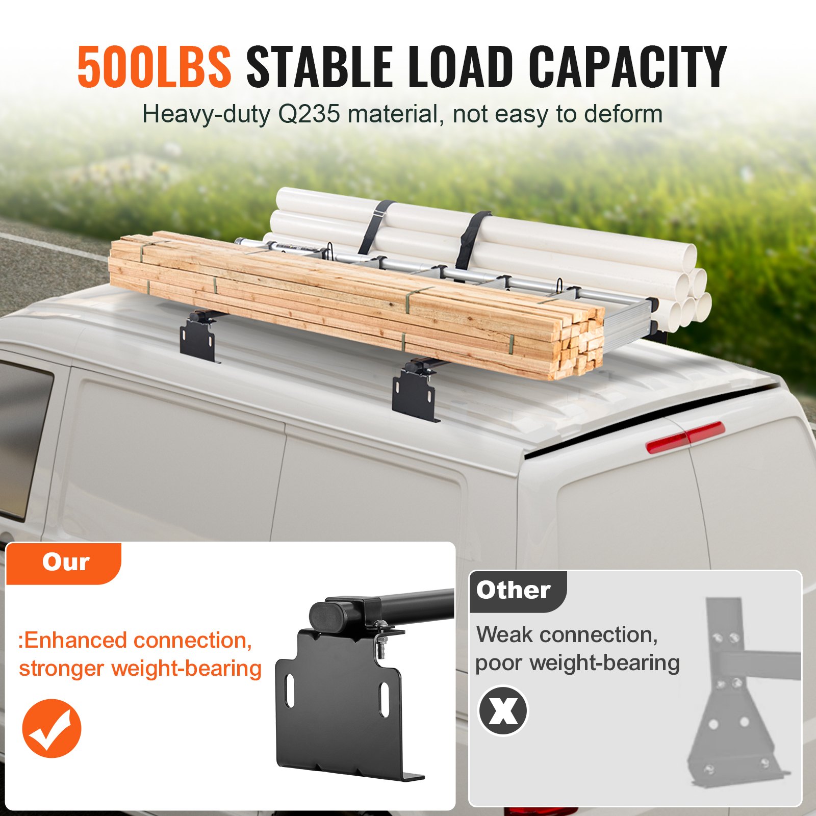 VEVOR Trailer Ladder Rack, 60" 2 Crossbars Ladder Roof Rack, Heavy-duty Steel Van Roof Ladder Rack, 500 lbs Capacity Van Ladder Rack, Fit for Universal Truck Roofs