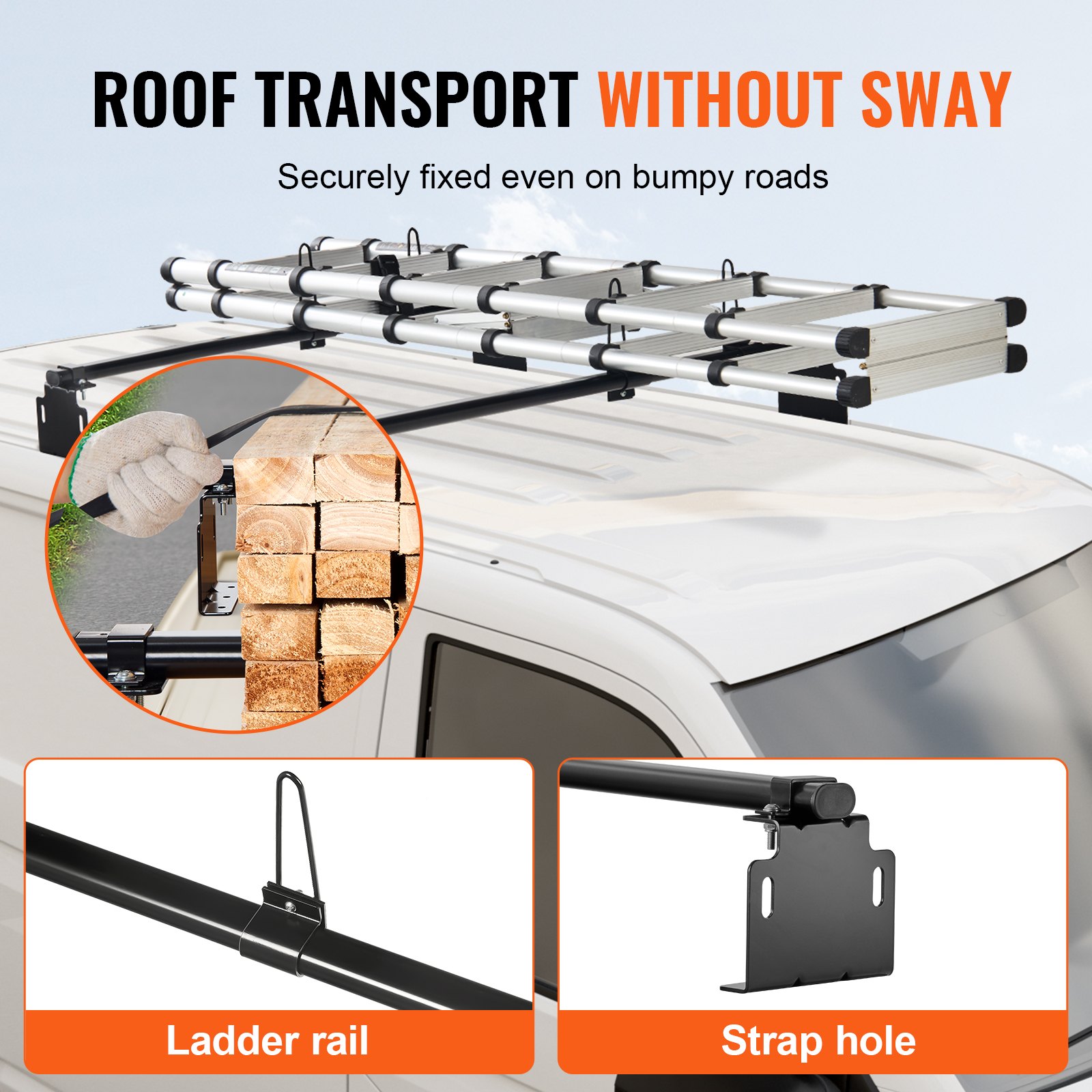 VEVOR Trailer Ladder Rack, 60" 2 Crossbars Ladder Roof Rack, Heavy-duty Steel Van Roof Ladder Rack, 500 lbs Capacity Van Ladder Rack, Fit for Universal Truck Roofs