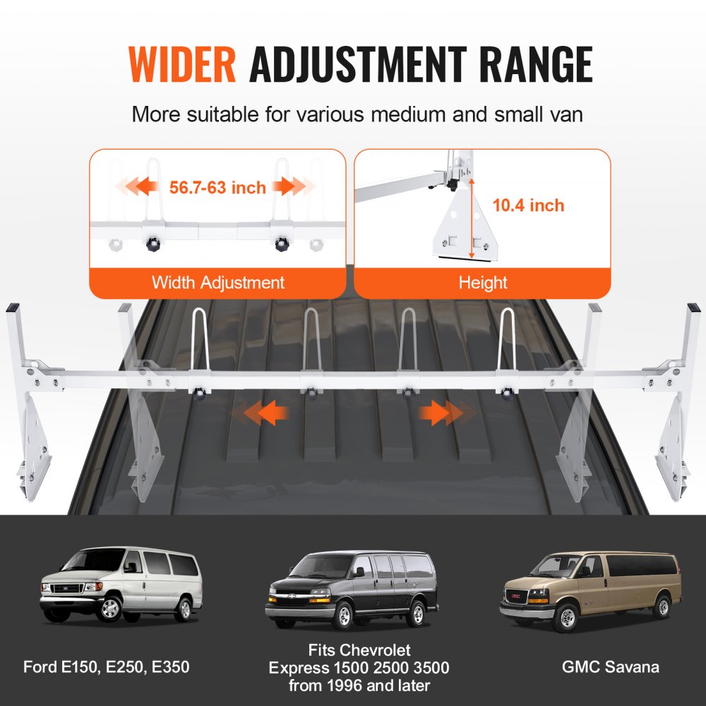 VEVOR Trailer Ladder Rack, 59" Adjustable Roof Rack, 2 Crossbars Van Roof Ladder Rack, 600 lbs Capacity Steel Van Ladder Rack, Fit for Chevrolet Express 1500 2500 3500/ Ford E150 E250 E350/ GMC Savana