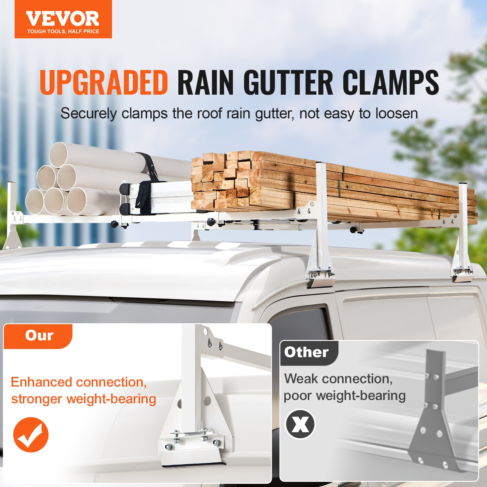 VEVOR Trailer Ladder Rack, 59" Adjustable Roof Rack, 2 Crossbars Van Roof Ladder Rack, 600 lbs Capacity Steel Van Ladder Rack, Fit for Chevrolet Express 1500 2500 3500/ Ford E150 E250 E350/ GMC Savana