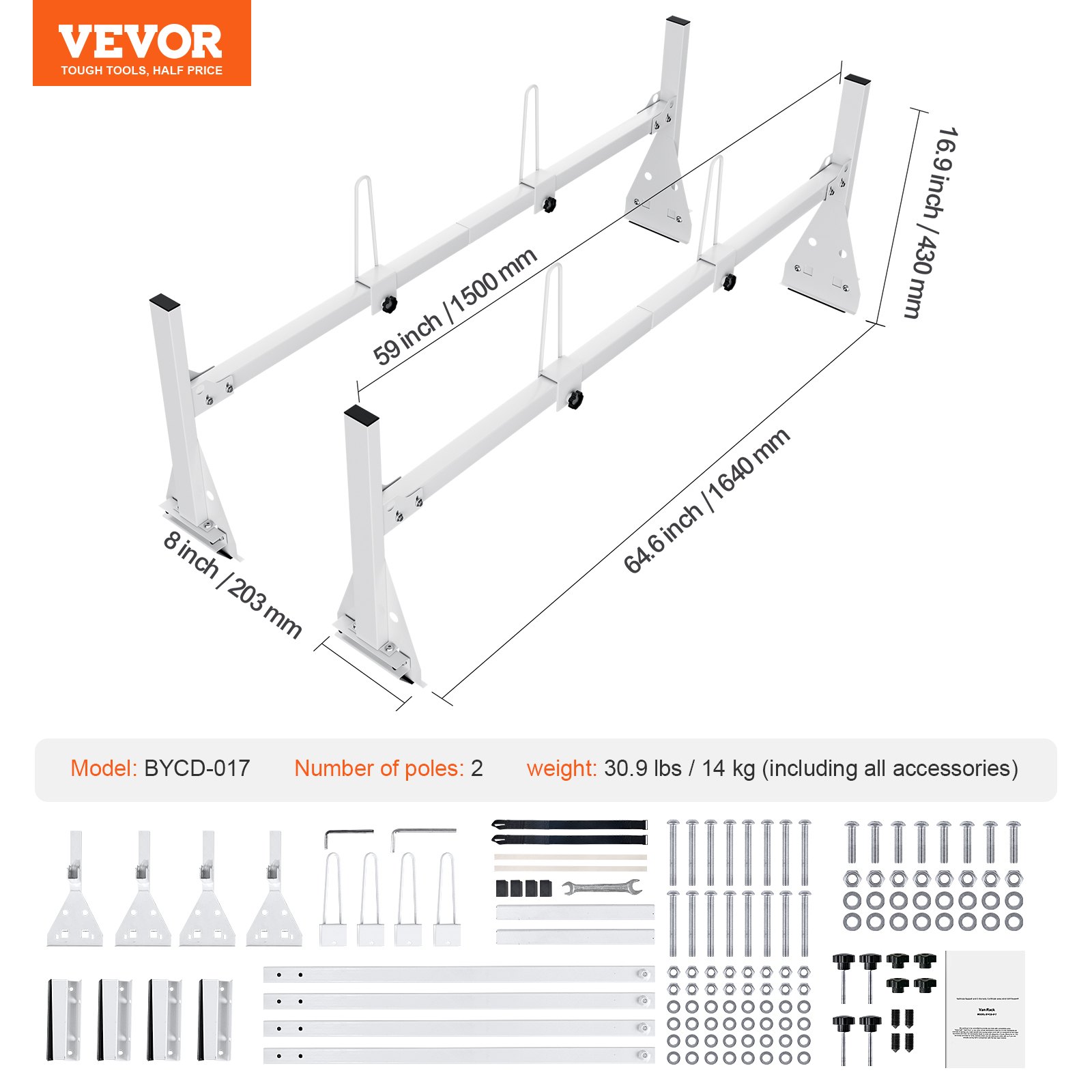 VEVOR Trailer Ladder Rack, 59" Adjustable Roof Rack, 2 Crossbars Van Roof Ladder Rack, 600 lbs Capacity Steel Van Ladder Rack, Fit for Chevrolet Express 1500 2500 3500/ Ford E150 E250 E350/ GMC Savana