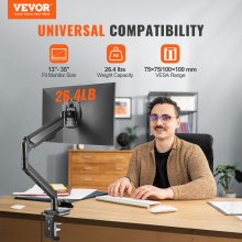 VEVOR Single Monitor Mount, Supports 13"-35"（330-889 mm）Screen, Fully Adjustable Gas Spring Monitor Arm, Holds up to 12 kg, Computer Monitor Stand Holder with C-Clamp/Grommet Mounting Base, VESA Mount Bracket