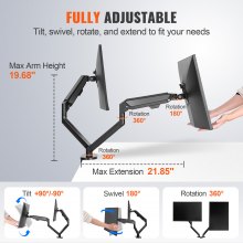 VEVOR Dual Monitor Mount, Supports 13"-35"（330-889 mm）Screens, Fully Adjustable Gas Spring Monitor Arm, Holds up to 12 kg per Arm, Computer Stand Holder with C-Clamp/Grommet Mounting Base, VESA Mount Bracket