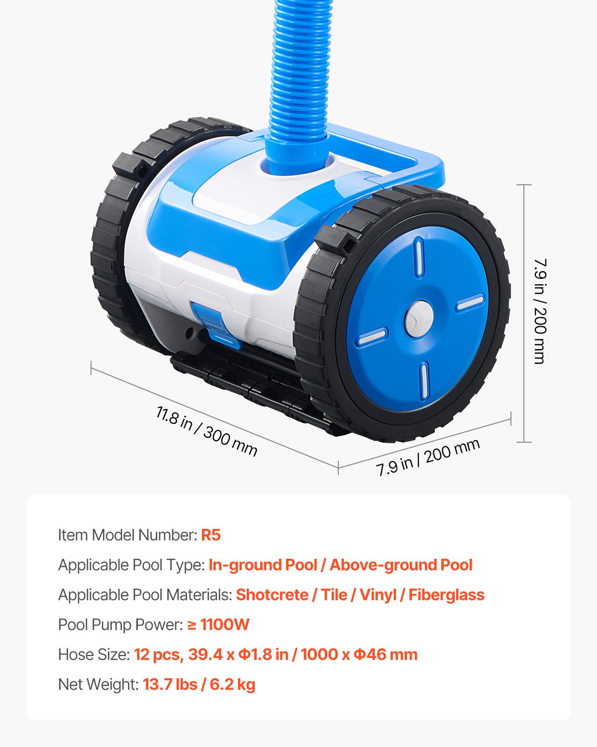 VEVOR Suction Pool Cleaner, Automatic Pool Vacuum Cleaner, Suction Side Automatic Pool Cleaner, Suction Vacuum Pool Sweeper with 2 Wheels, for In-ground and Above-ground Pool Up to 609.6 x 1219.2 cm