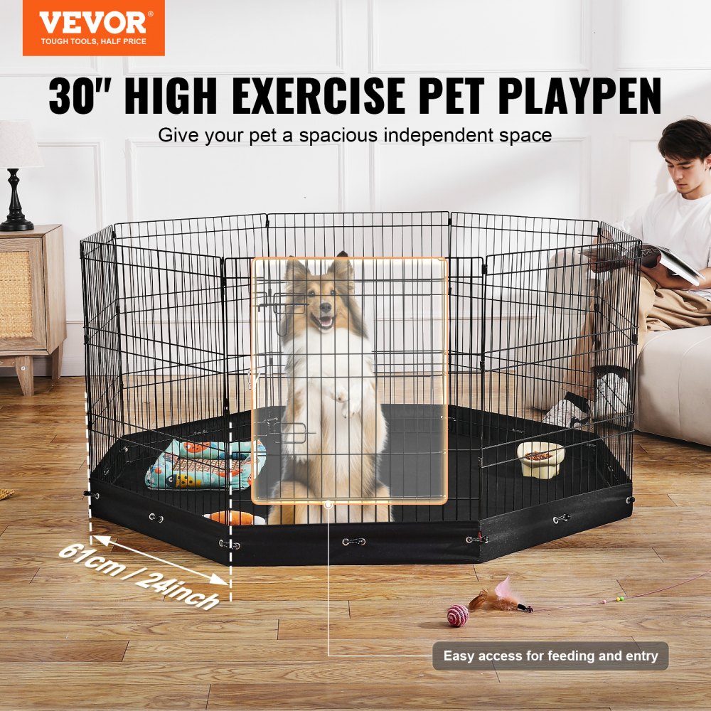 VEVOR Dog Playpen, 8 Pcs 30"H x 24"W Panels Foldable Metal Pet Exercise Pen, Dog Fence Indoor and Outdoor Pen with Door, 600D Oxford Fabric Bottom Pad, Pet Playpen for Dogs, Cats, Other Small Animals