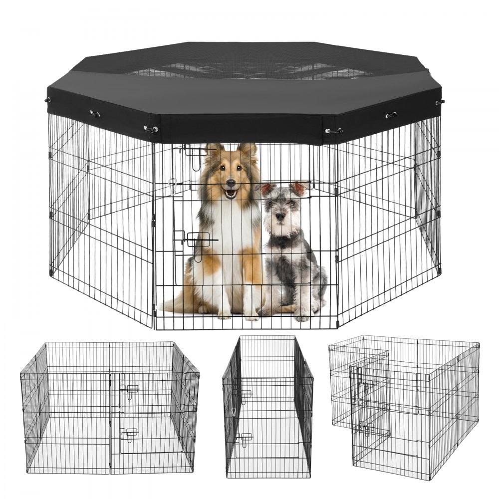 VEVOR Dog Playpen 8 Panels Foldable Metal Dog Exercise Pen with Top Cover 30"H