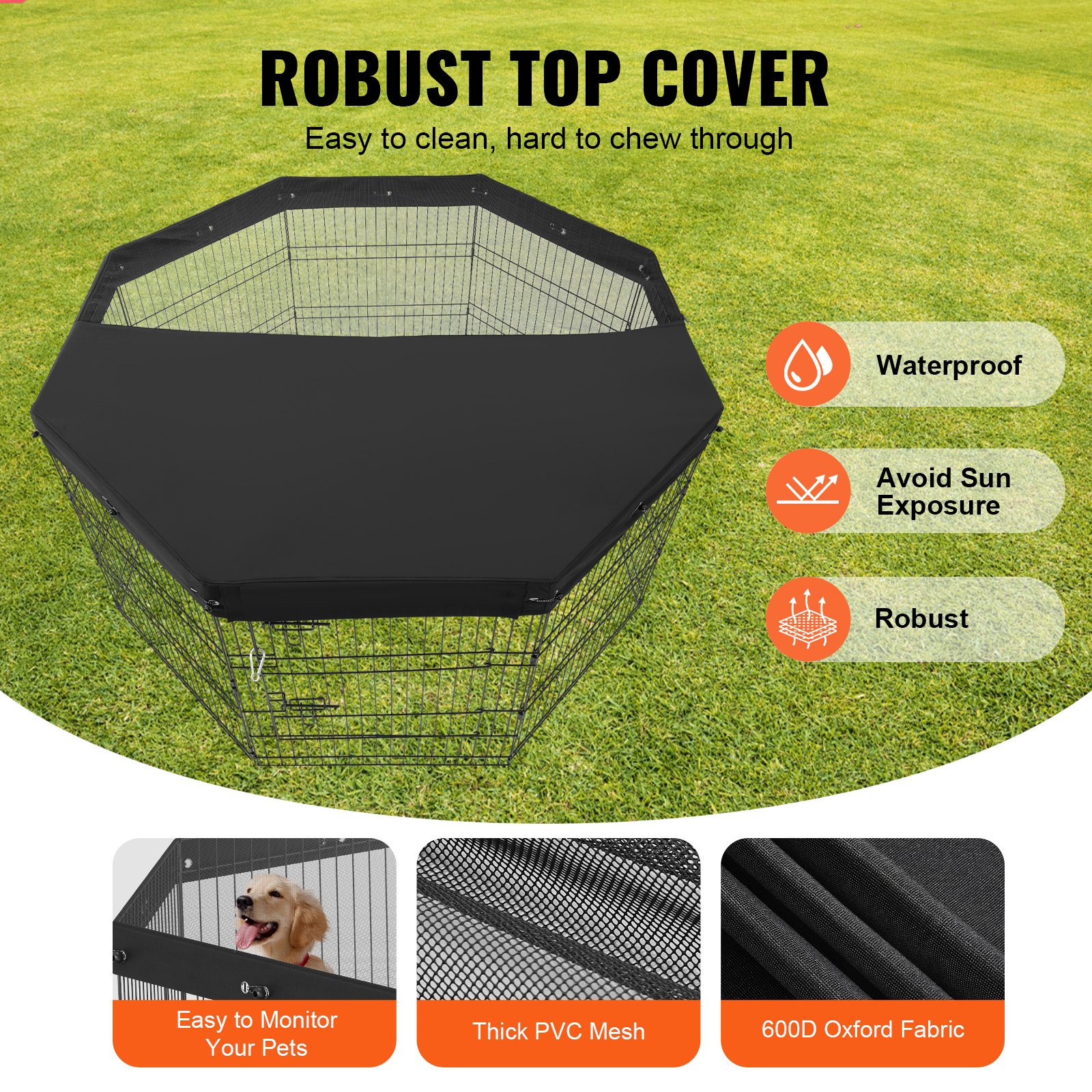 VEVOR Dog Playpen, 8 Pcs 30"H x 24"W Panels Foldable Metal Pet Exercise Pen, Dog Fence Indoor and Outdoor Pen with Door, 600D Oxford Fabric Top Cover, Pet Playpen for Dogs, Cats, Other Small Animals