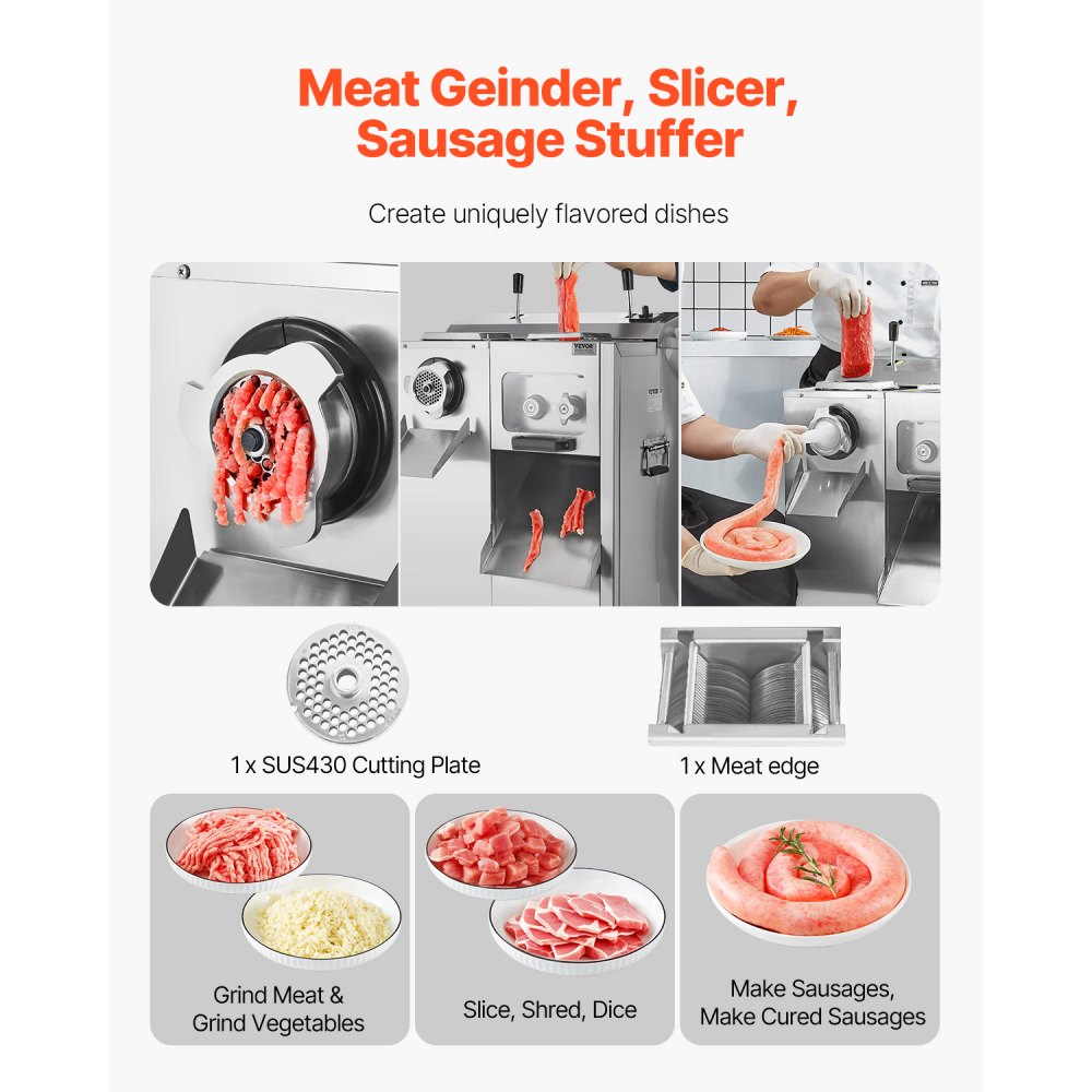 VEVOR Meat Grinder, 14 Lbs/Min Electric Meat Grinder, Slicer, Sausage Stuffer with Blade, Grinding Plate, Sausage Maker, Stainless Steel Meat Mincer Cabinet for Slice Shred Dice, Restaurant Butcher