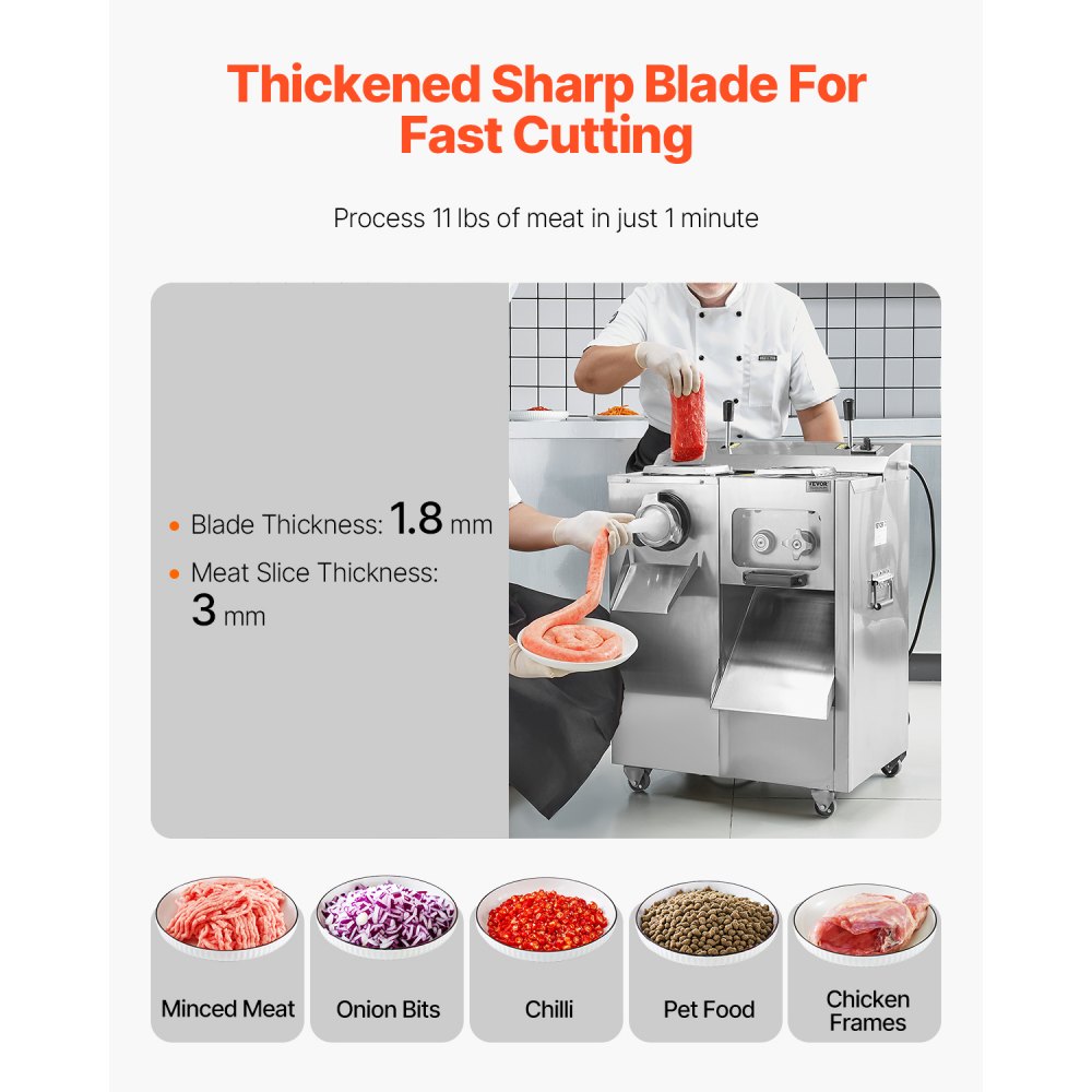 VEVOR Meat Grinder, 14 Lbs/Min Electric Meat Grinder, Slicer, Sausage Stuffer with Blade, Grinding Plate, Sausage Maker, Stainless Steel Meat Mincer Cabinet for Slice Shred Dice, Restaurant Butcher