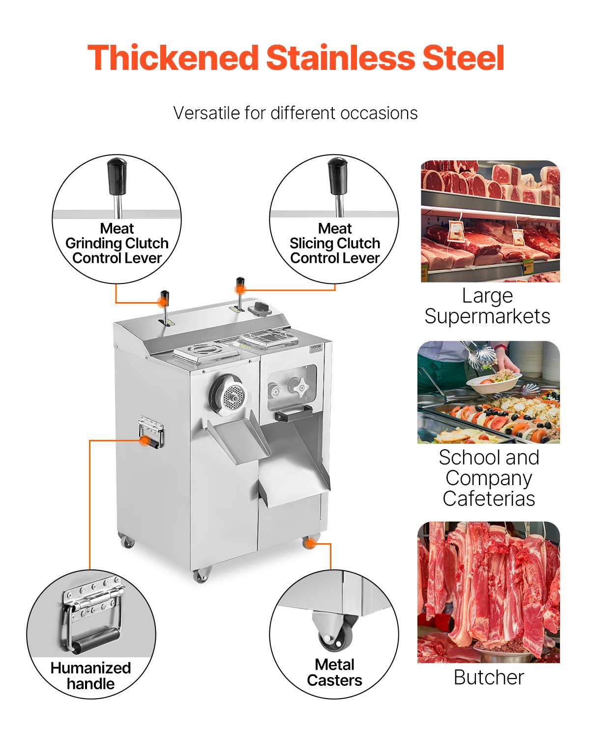 VEVOR Meat Grinder, 14 Lbs/Min Electric Meat Grinder, Slicer, Sausage Stuffer with Blade, Grinding Plate, Sausage Maker, Stainless Steel Meat Mincer Cabinet for Slice Shred Dice, Restaurant Butcher