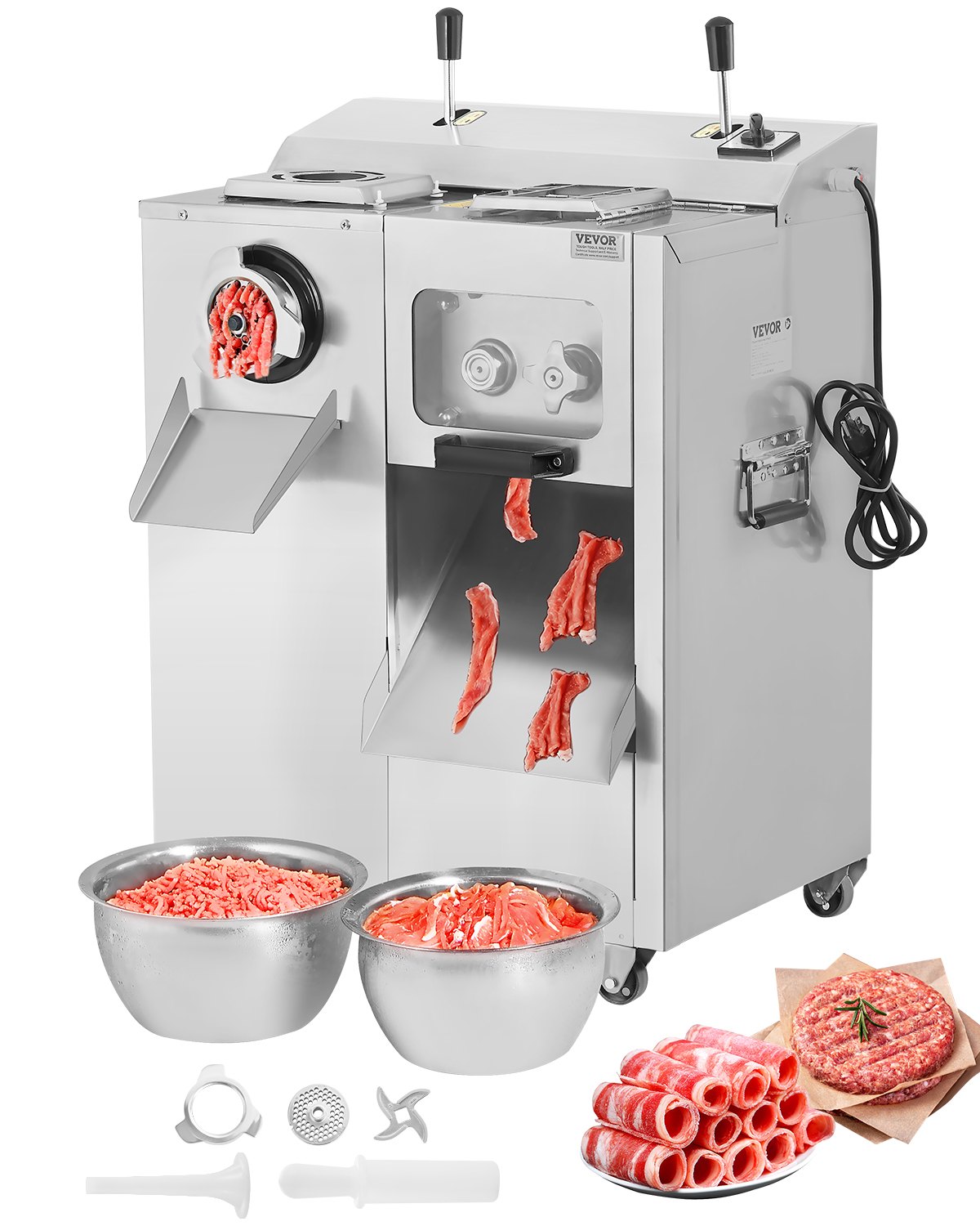 VEVOR Meat Grinder, 14 Lbs/Min Electric Meat Grinder, Slicer, Sausage Stuffer with Blade, Grinding Plate, Sausage Maker, Stainless Steel Meat Mincer Cabinet for Slice Shred Dice, Restaurant Butcher