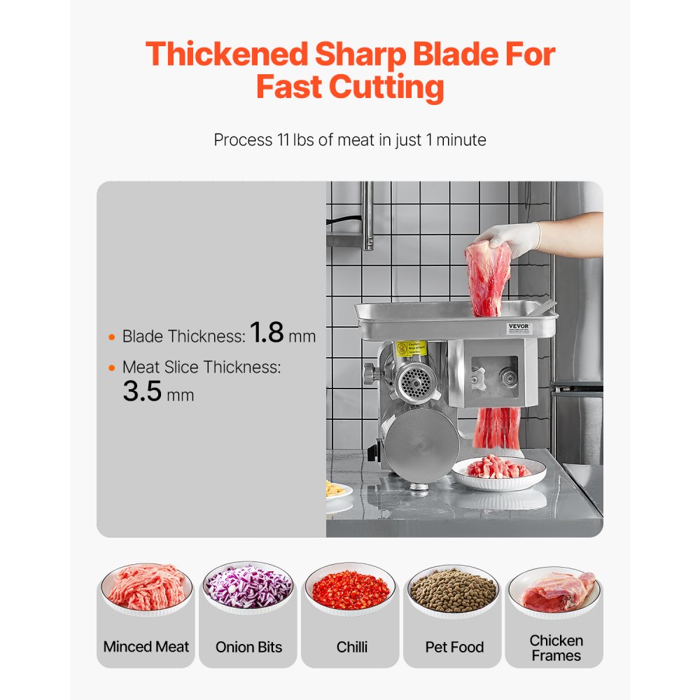 VEVOR Meat Grinder, 11 Lbs/Min Electric Meat Grinder, Slicer, Sausage Stuffer with Blade, Grinding Plate, Sausage Maker, Stainless Steel Commercial Meat Mincer for Slice Shred Dice, Restaurant Butcher