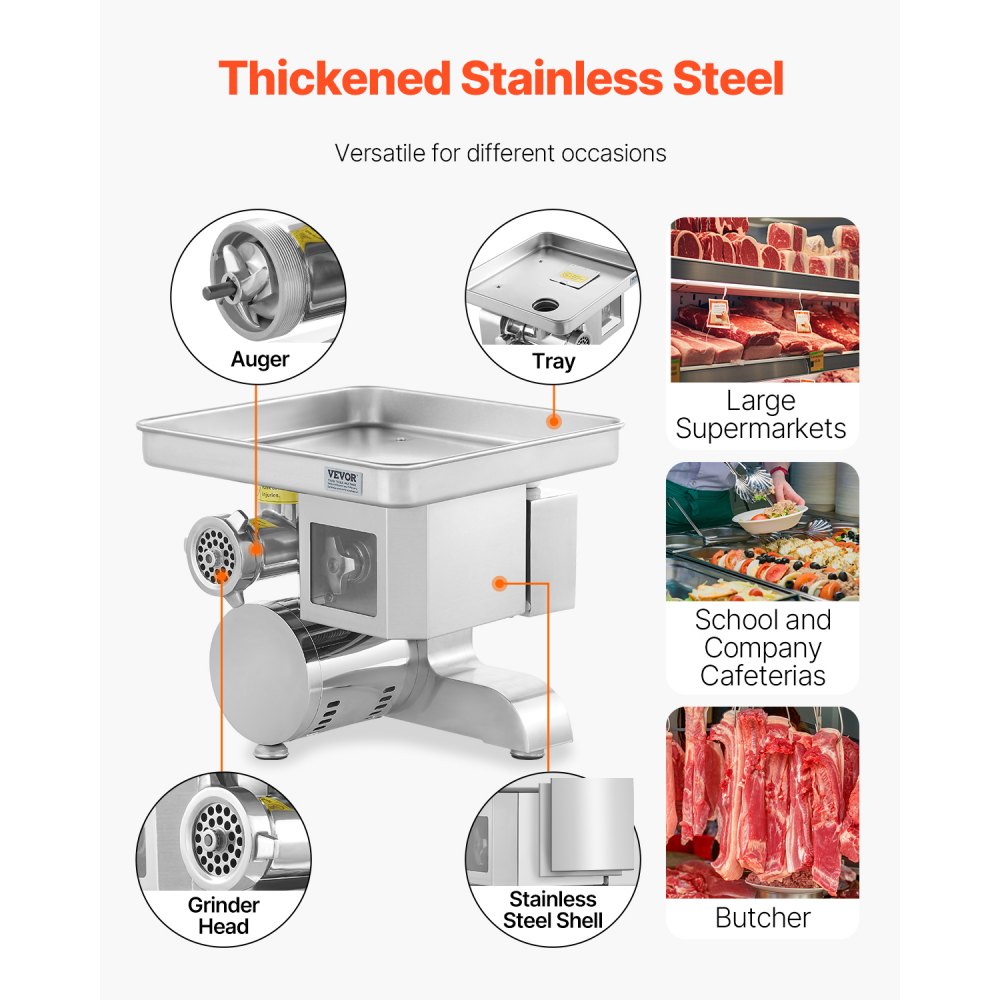 VEVOR Meat Grinder, 11 Lbs/Min Electric Meat Grinder, Slicer, Sausage Stuffer with Blade, Grinding Plate, Sausage Maker, Stainless Steel Commercial Meat Mincer for Slice Shred Dice, Restaurant Butcher