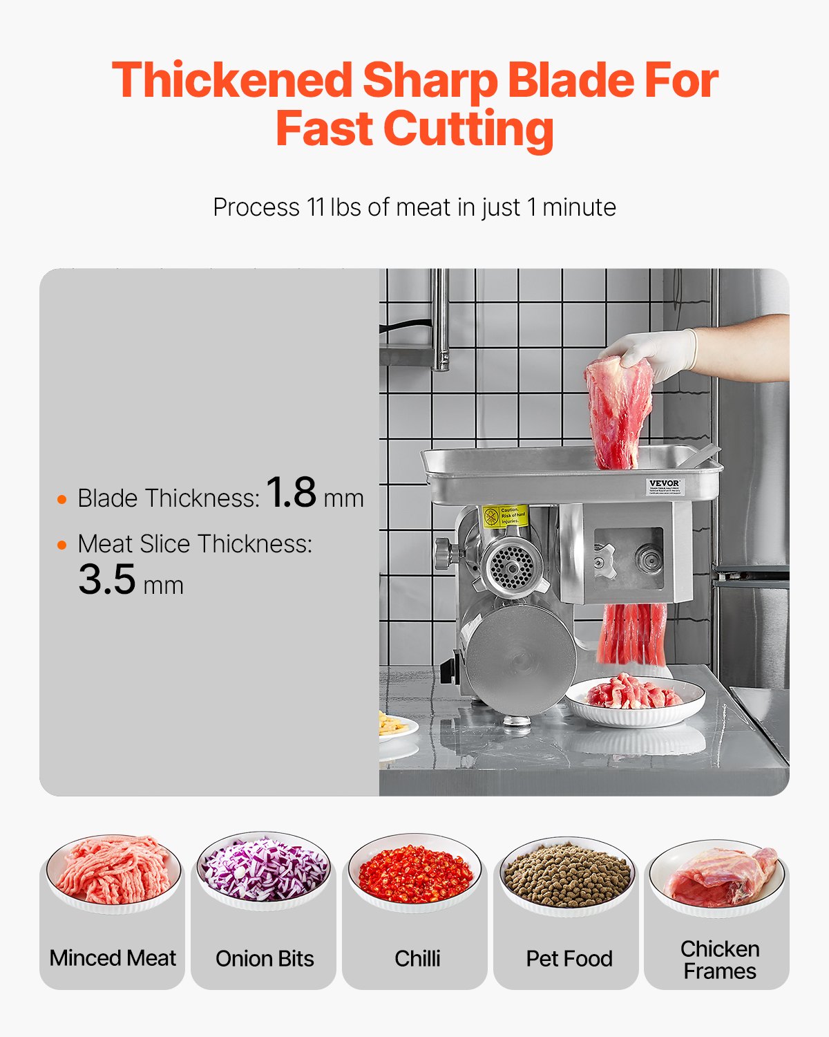 VEVOR Meat Grinder, 11 Lbs/Min Electric Meat Grinder, Slicer, Sausage Stuffer with Blade, Grinding Plate, Sausage Maker, Stainless Steel Commercial Meat Mincer for Slice Shred Dice, Restaurant Butcher