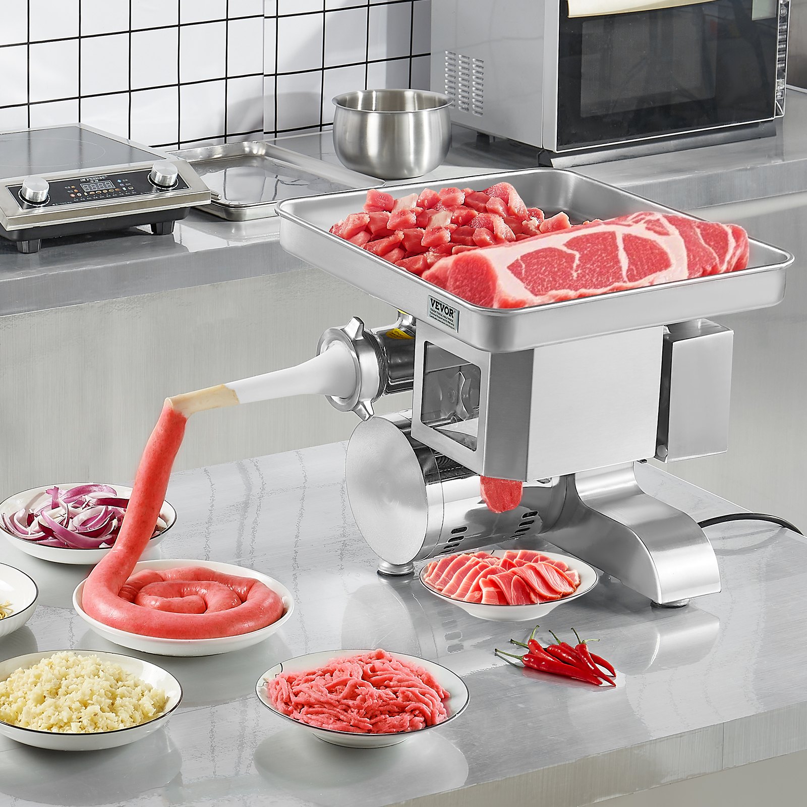 VEVOR Meat Grinder, 11 Lbs/Min Electric Meat Grinder, Slicer, Sausage Stuffer with Blade, Grinding Plate, Sausage Maker, Stainless Steel Commercial Meat Mincer for Slice Shred Dice, Restaurant Butcher