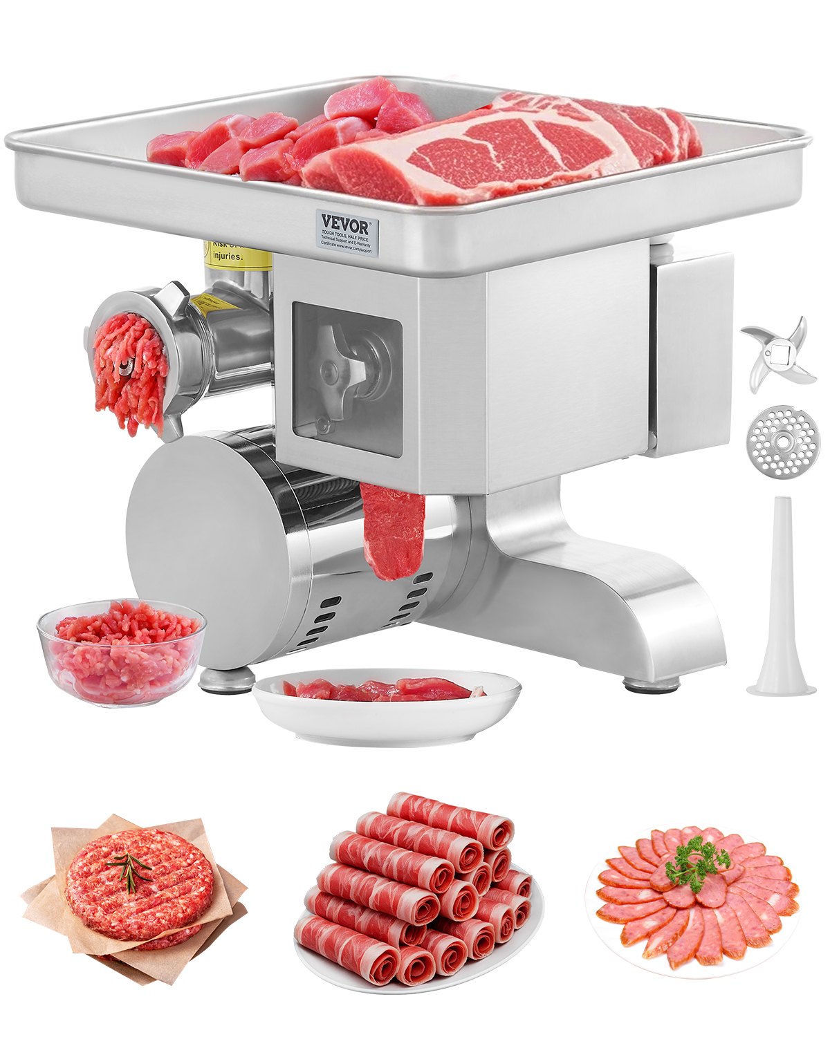 VEVOR Meat Grinder, 11 Lbs/Min Electric Meat Grinder, Slicer, Sausage Stuffer with Blade, Grinding Plate, Sausage Maker, Stainless Steel Commercial Meat Mincer for Slice Shred Dice, Restaurant Butcher