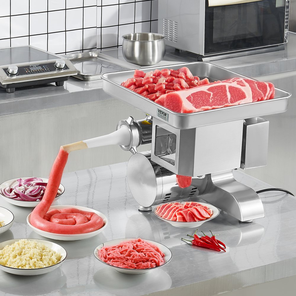 VEVOR Meat Grinder, 11 Lbs/Min Electric Meat Grinder, Slicer, Sausage Stuffer with Blade, Grinding Plate, Sausage Maker, Stainless Steel Commercial Meat Mincer for Slice Shred Dice, Restaurant Butcher
