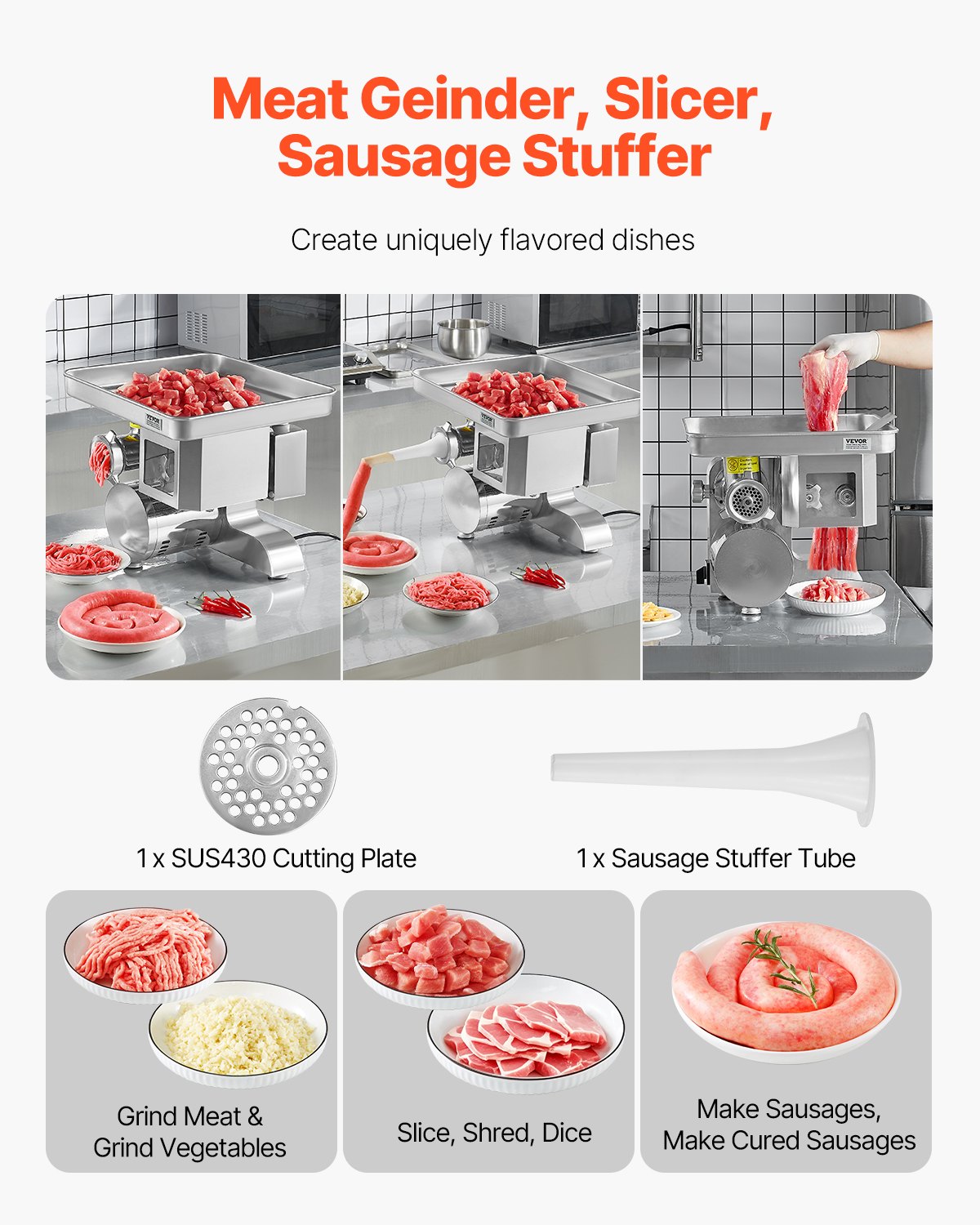 VEVOR Meat Grinder, 11 Lbs/Min Electric Meat Grinder, Slicer, Sausage Stuffer with Blade, Grinding Plate, Sausage Maker, Stainless Steel Commercial Meat Mincer for Slice Shred Dice, Restaurant Butcher